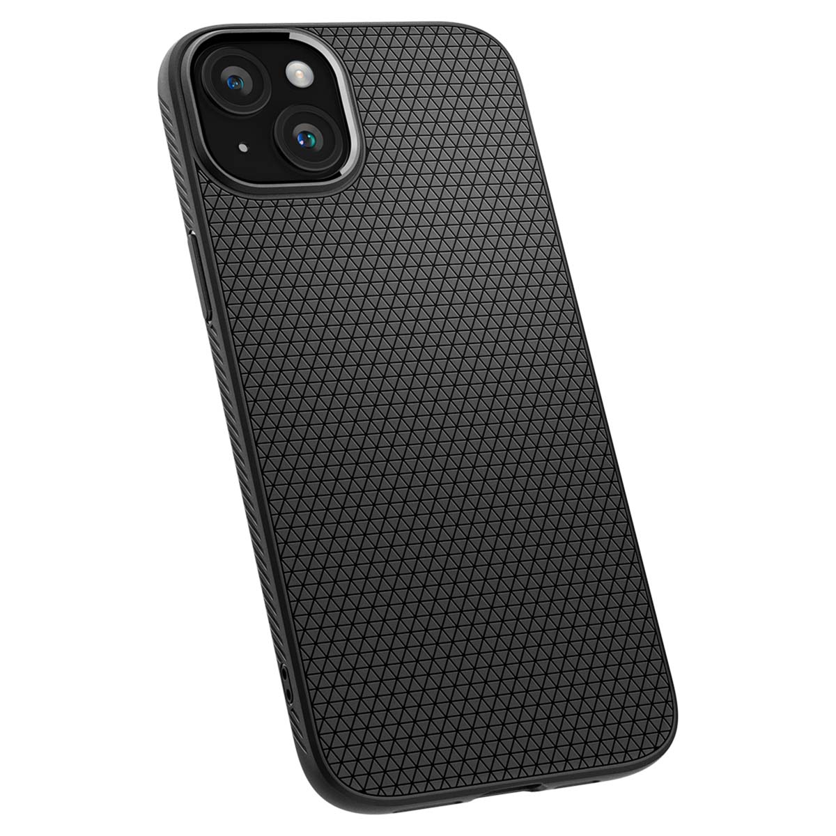 Custodia nera per telefono con motivo triangolare strutturato e lenti della fotocamera visibili.