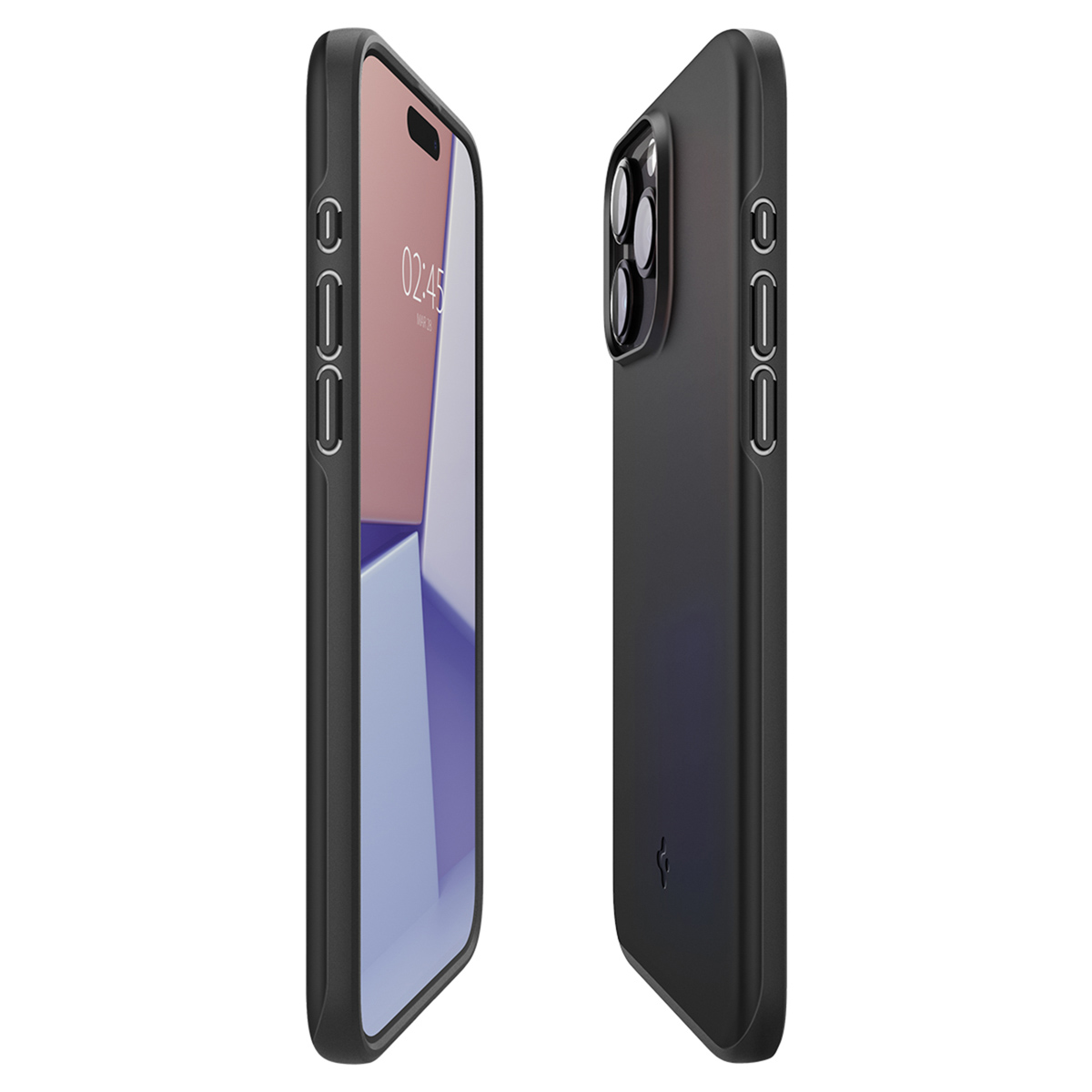 Twee telefoons met zwarte hoesjes, een die het scherm en de andere de zijkant toont.