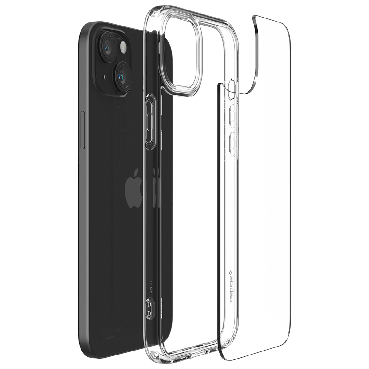 Telefoonhoesje met een telefoon erin. De hoes is doorzichtig, toont de achterkant.