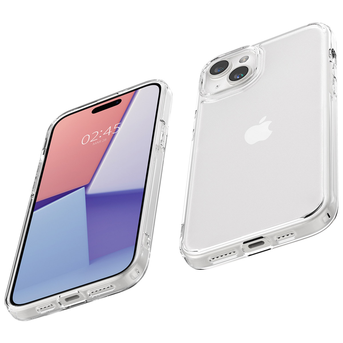 Er worden twee telefoons in doorzichtige hoesjes getoond. Eén telefoon heeft een blauw scherm en de andere heeft een witte achterkant.