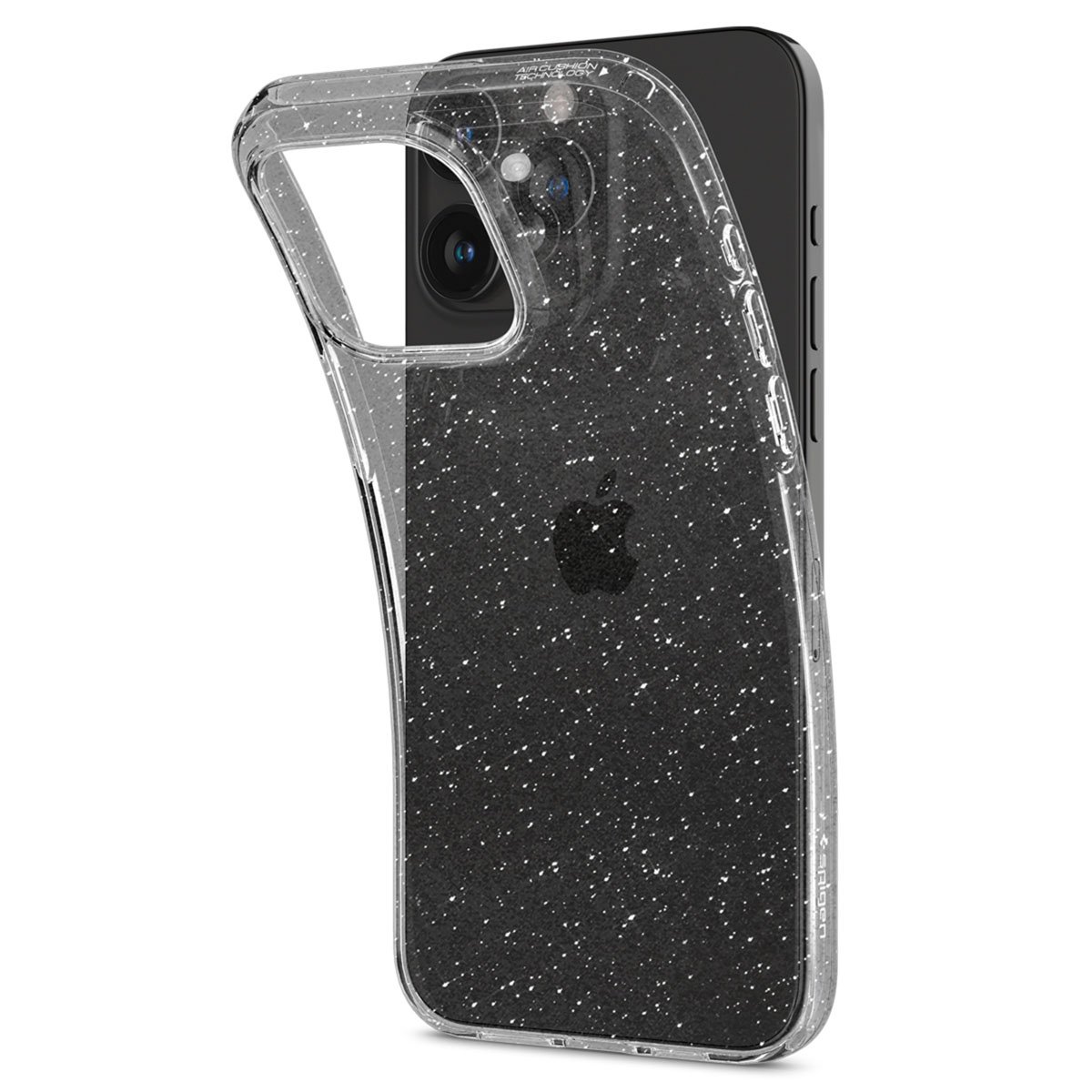 Een telefoon in een doorzichtig hoesje met een zwart glitterpatroon, gekanteld om de camera te laten zien.