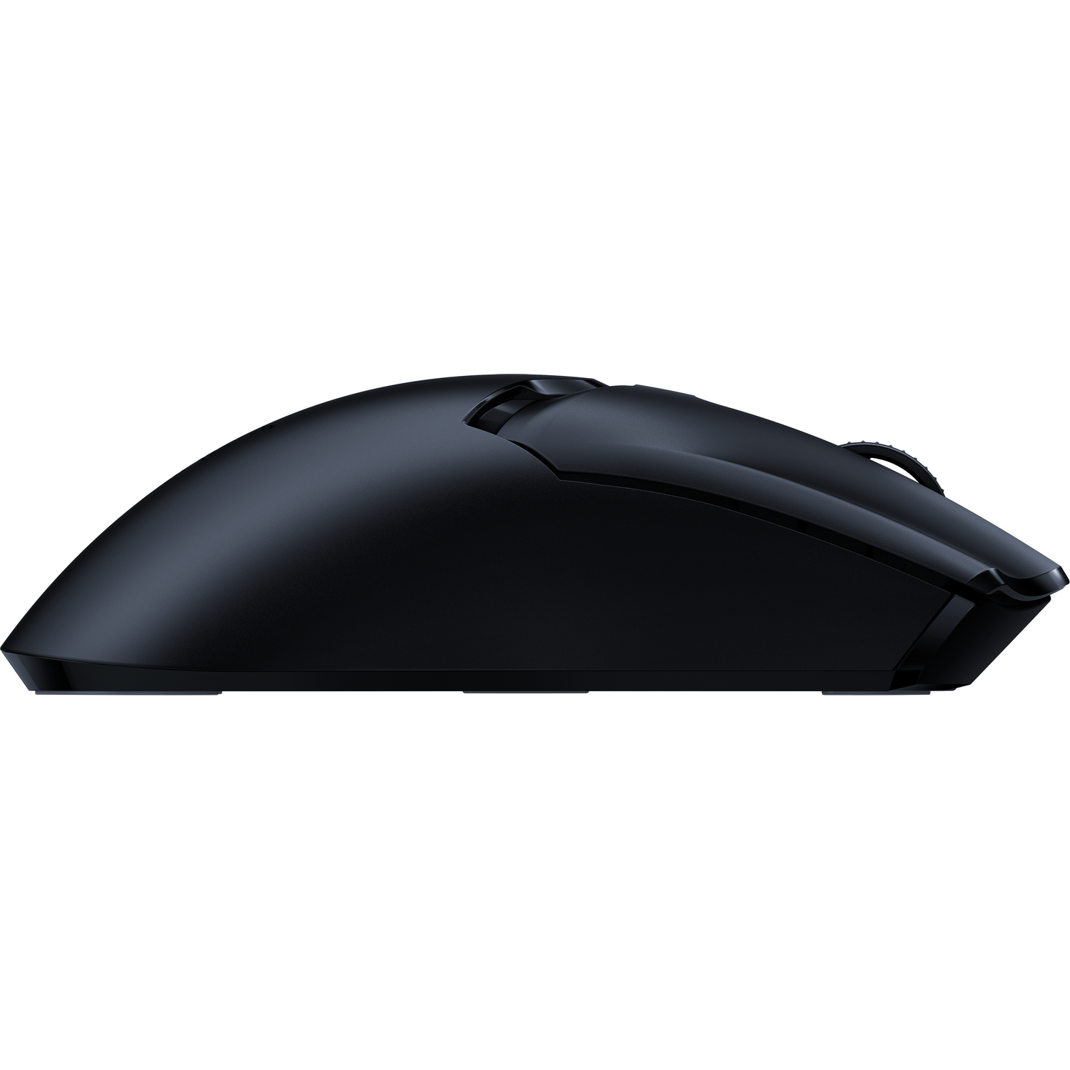 Czarna mysz do gier Razer. Widok z boku. Smukła, ergonomiczna konstrukcja. Widoczne dwa przyciski boczne.