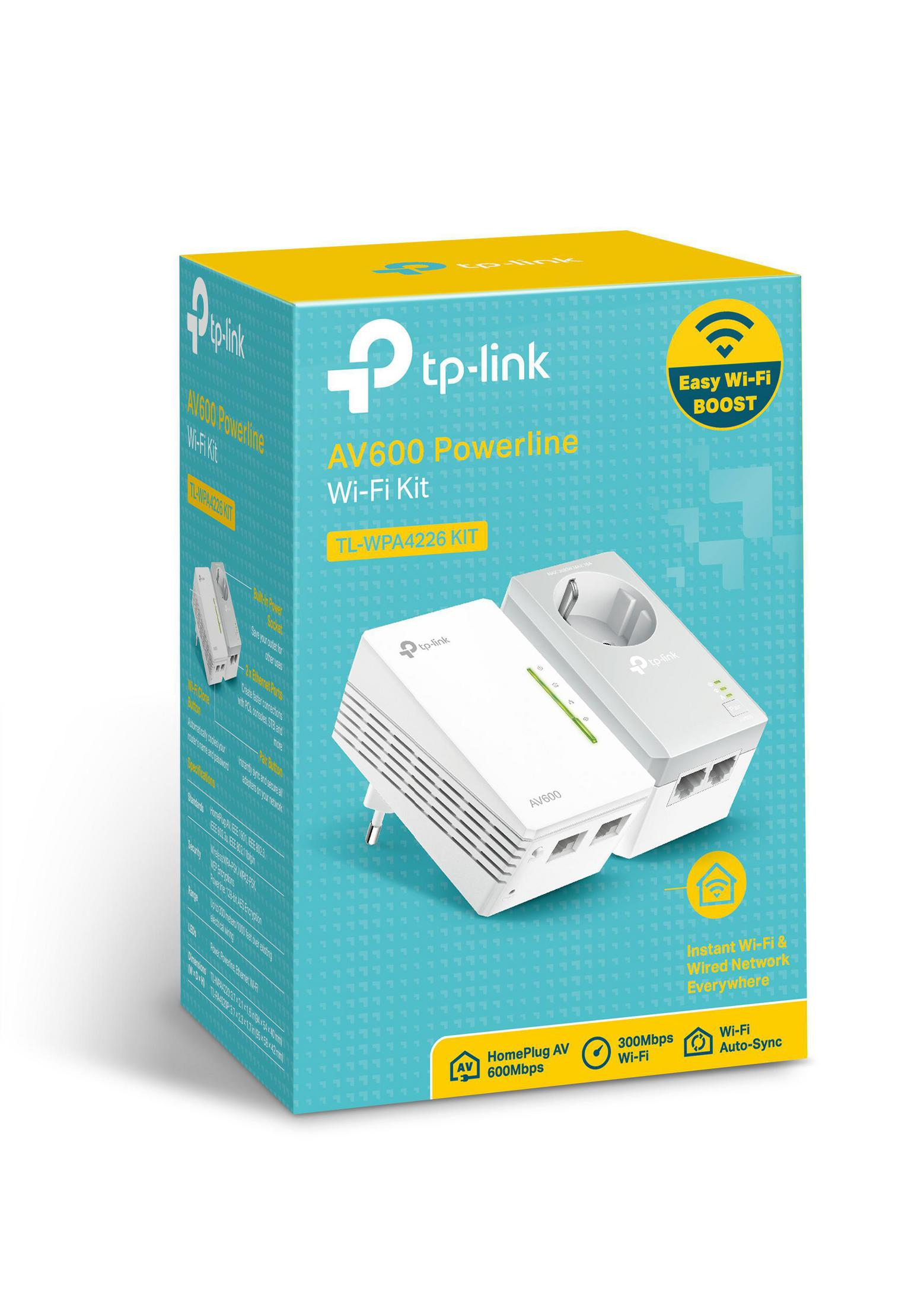 Biało-niebieskie pudełko zestawu powerline. Dwa adaptery z wtyczkami. Białe tło.