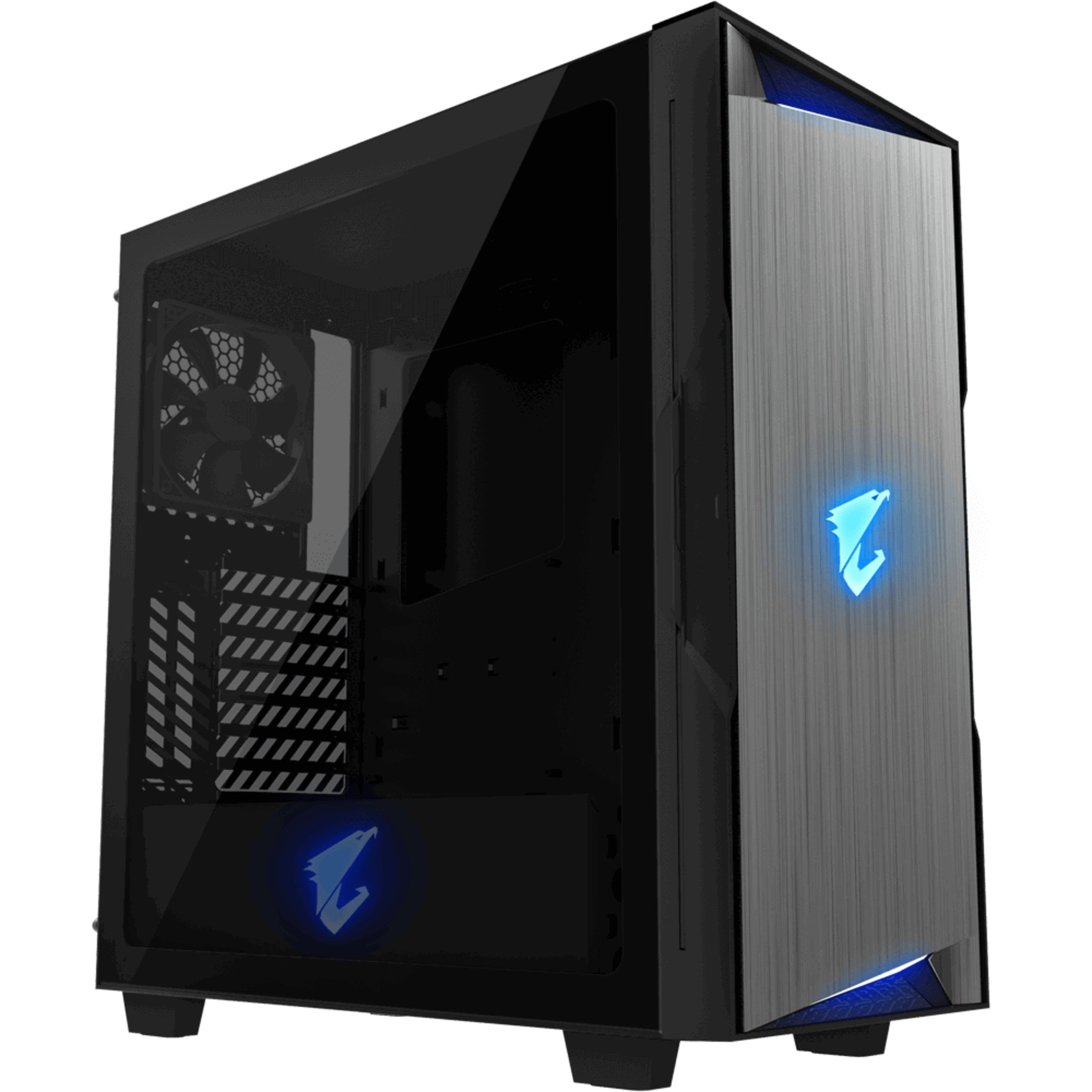 Case per computer nero con logo AORUS. Pannello laterale in vetro. Pannello frontale con illuminazione blu.