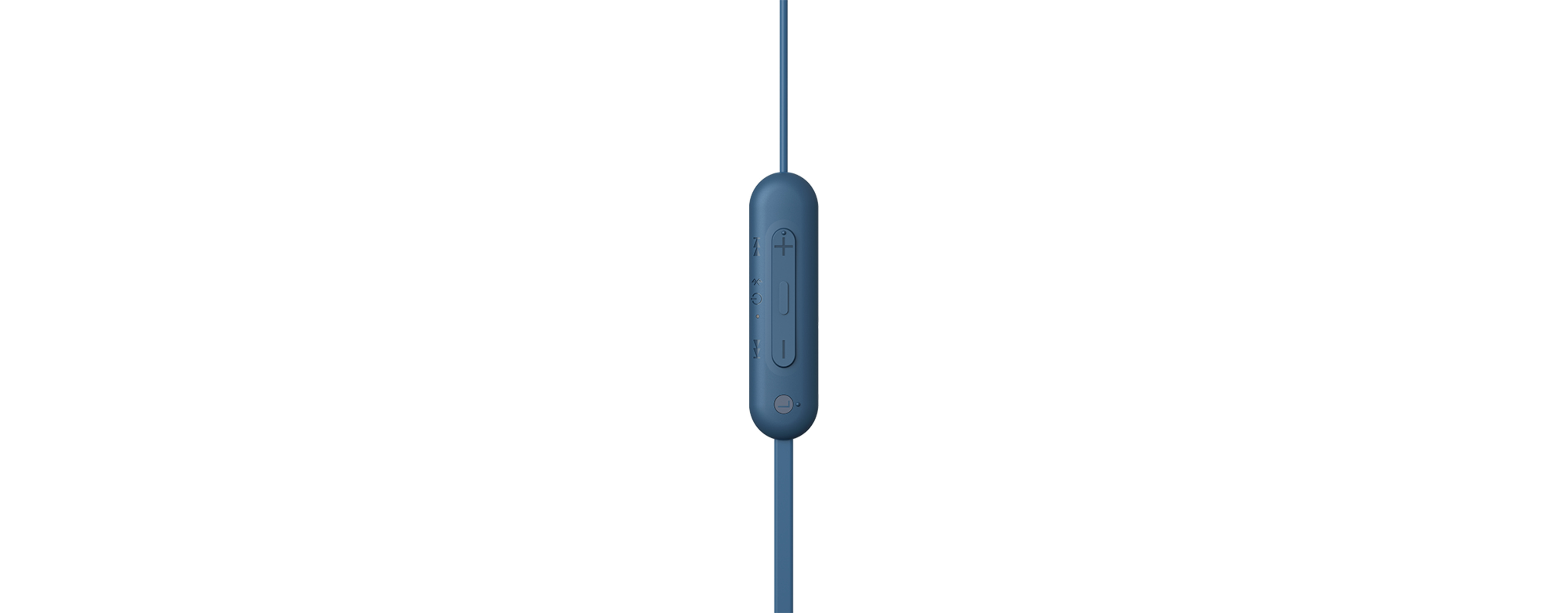 Un cable de auriculares Beats azul con un mando a distancia en línea, sobre un fondo blanco.