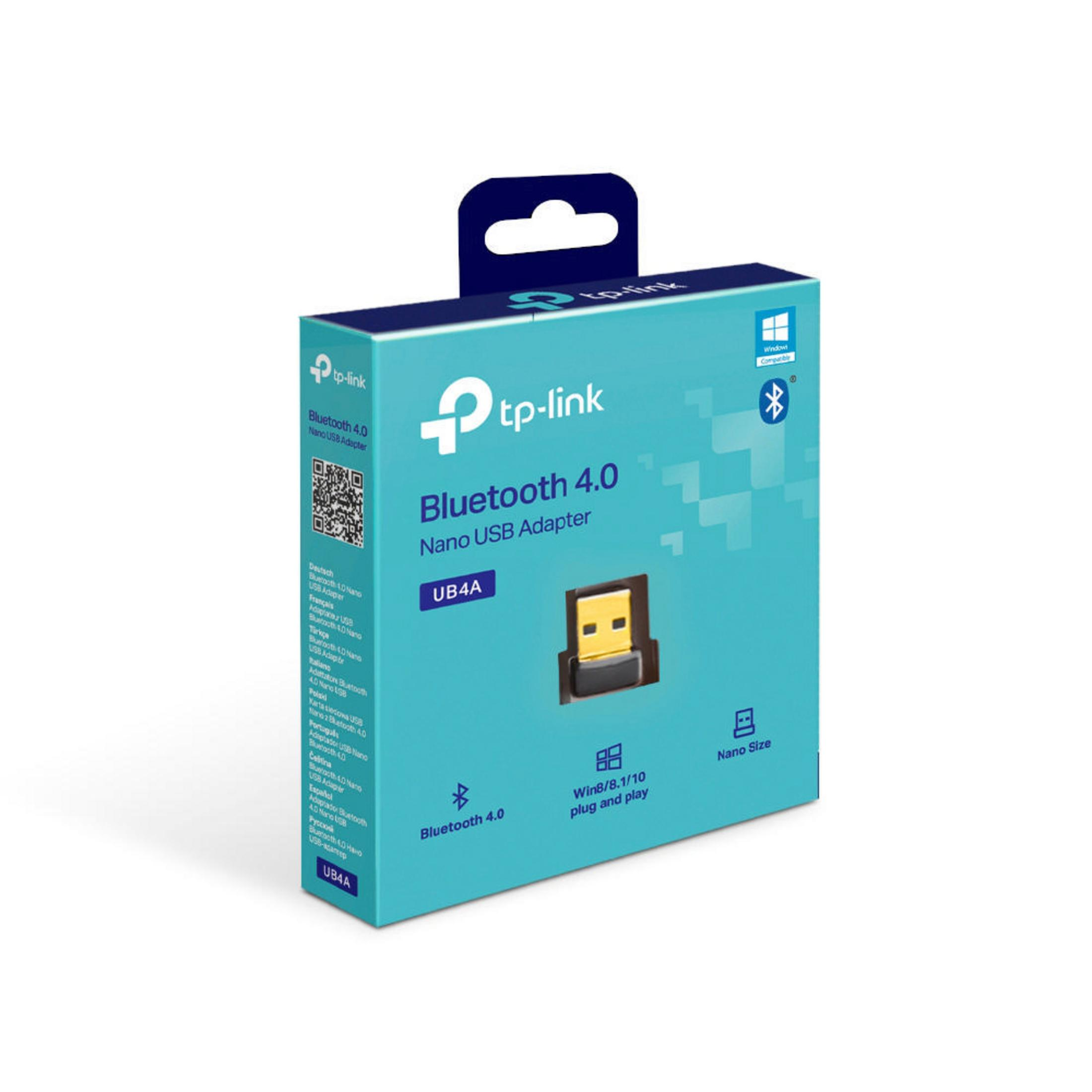 Una scatola blu con un adattatore USB. L'adattatore è nero e la scatola ha il marchio 'tp-link'.