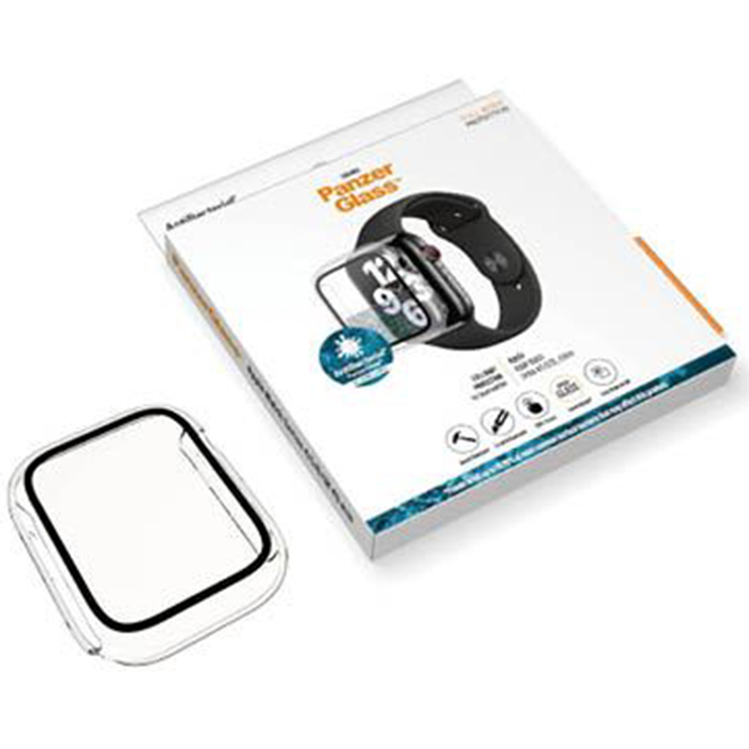 Een doorzichtige beschermhoes voor een smartwatch naast de verpakking.