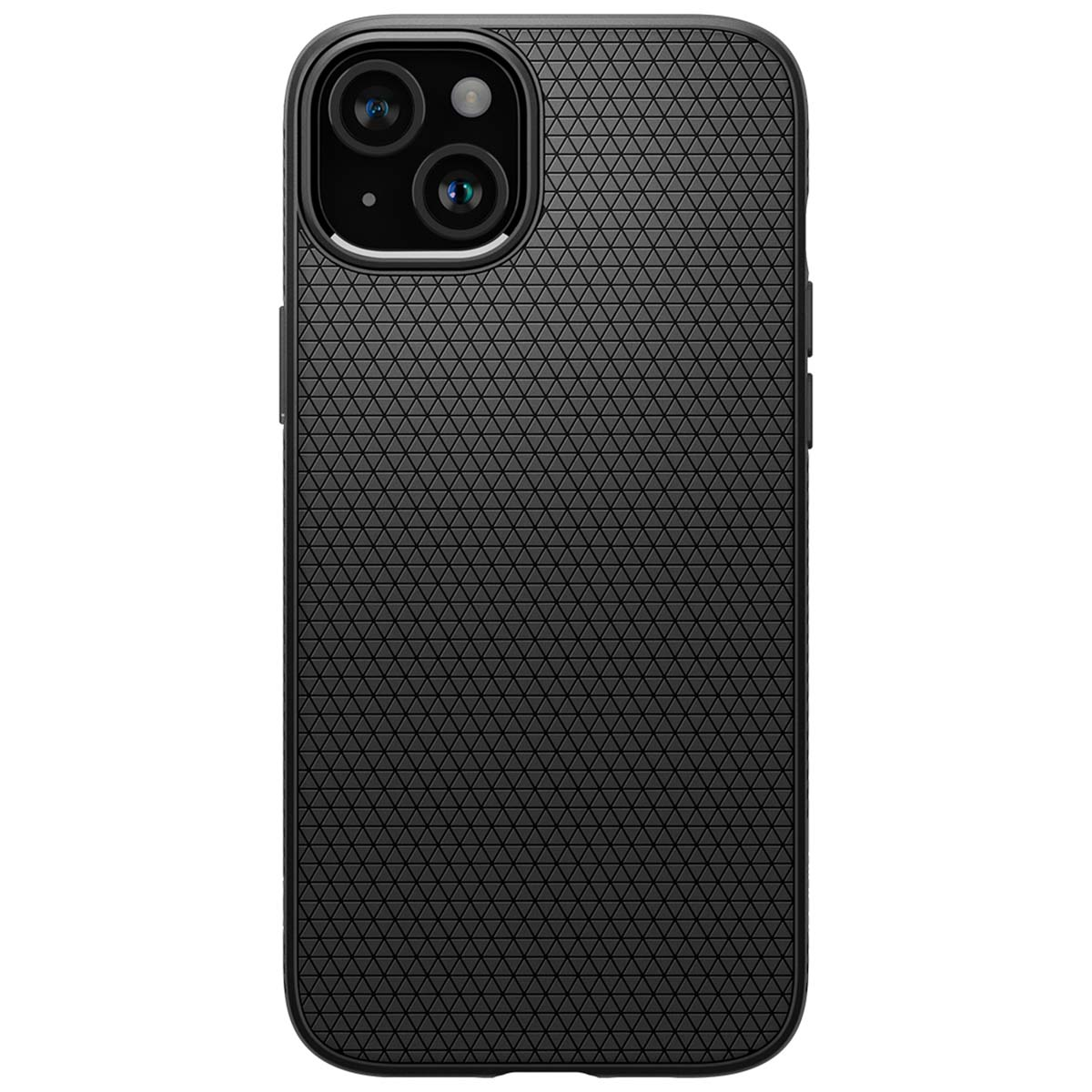 Black phone case with a textured surface, featuring dual camera lenses.