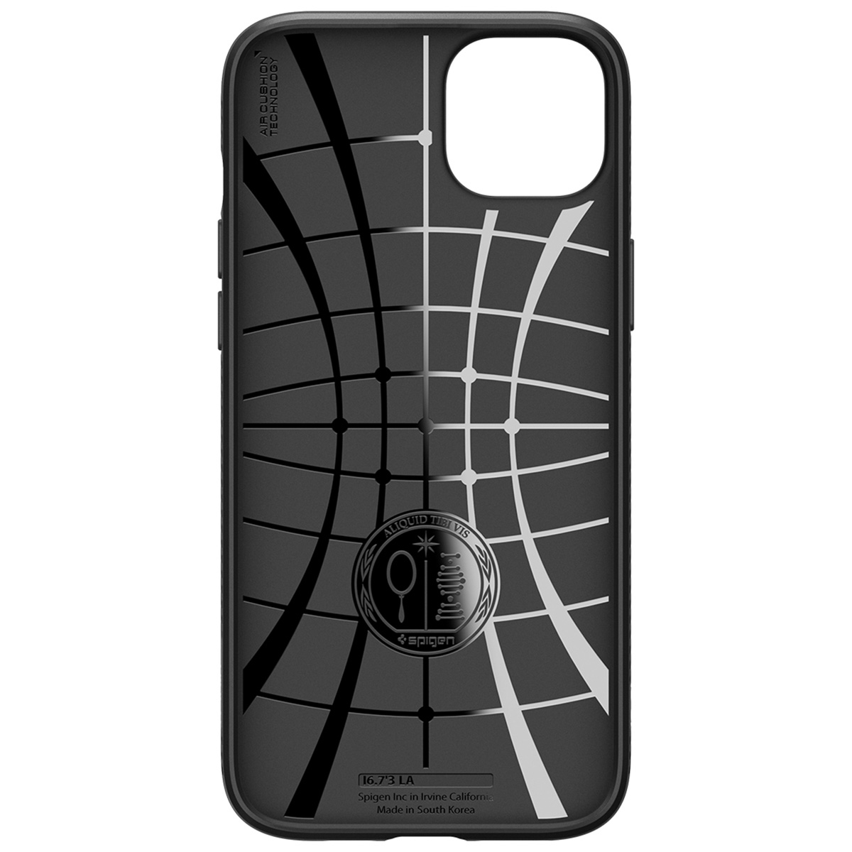 A black phone case, inside with a grid design, the Spigen logo, and text.
