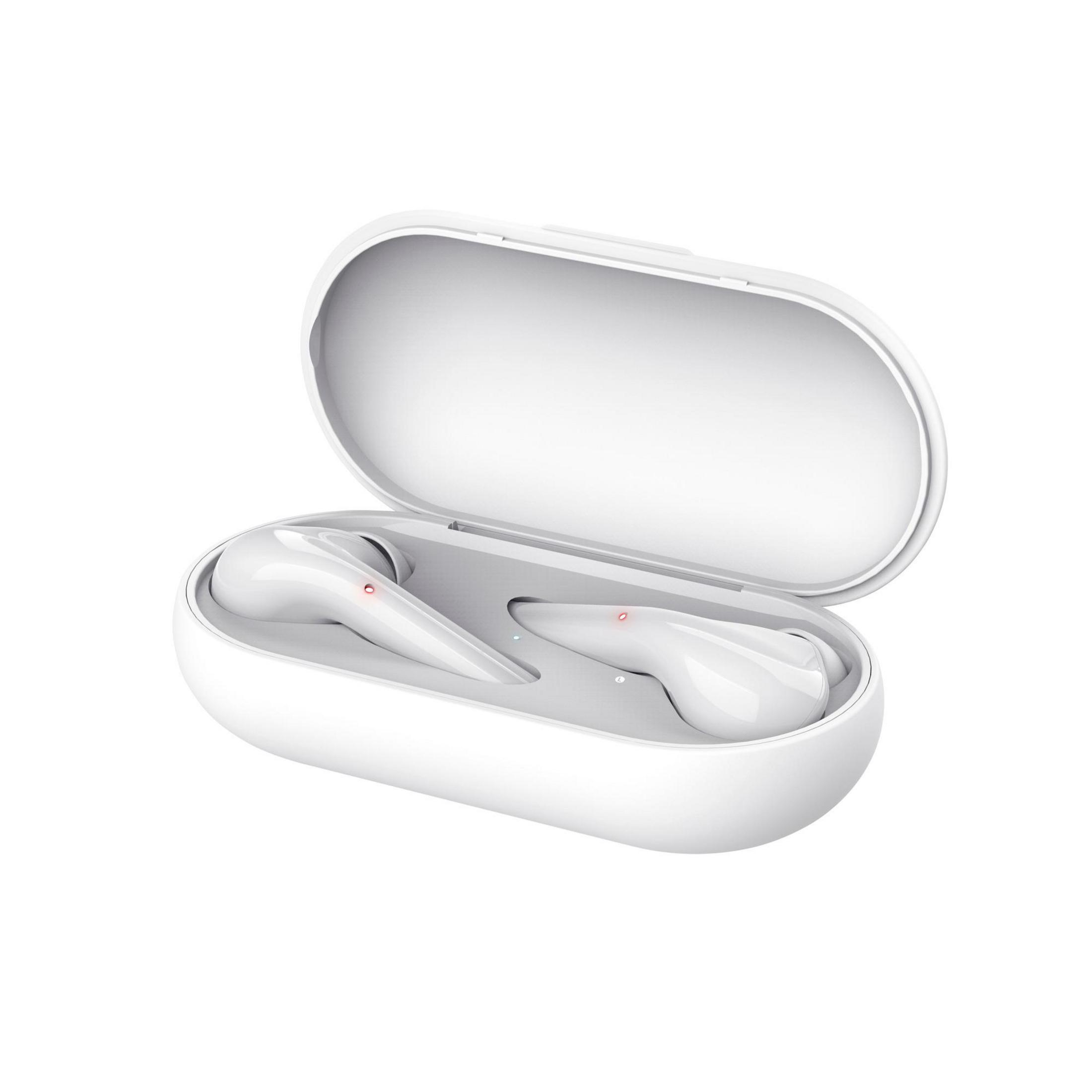 Auricolari wireless bianchi nella loro custodia di ricarica aperta.