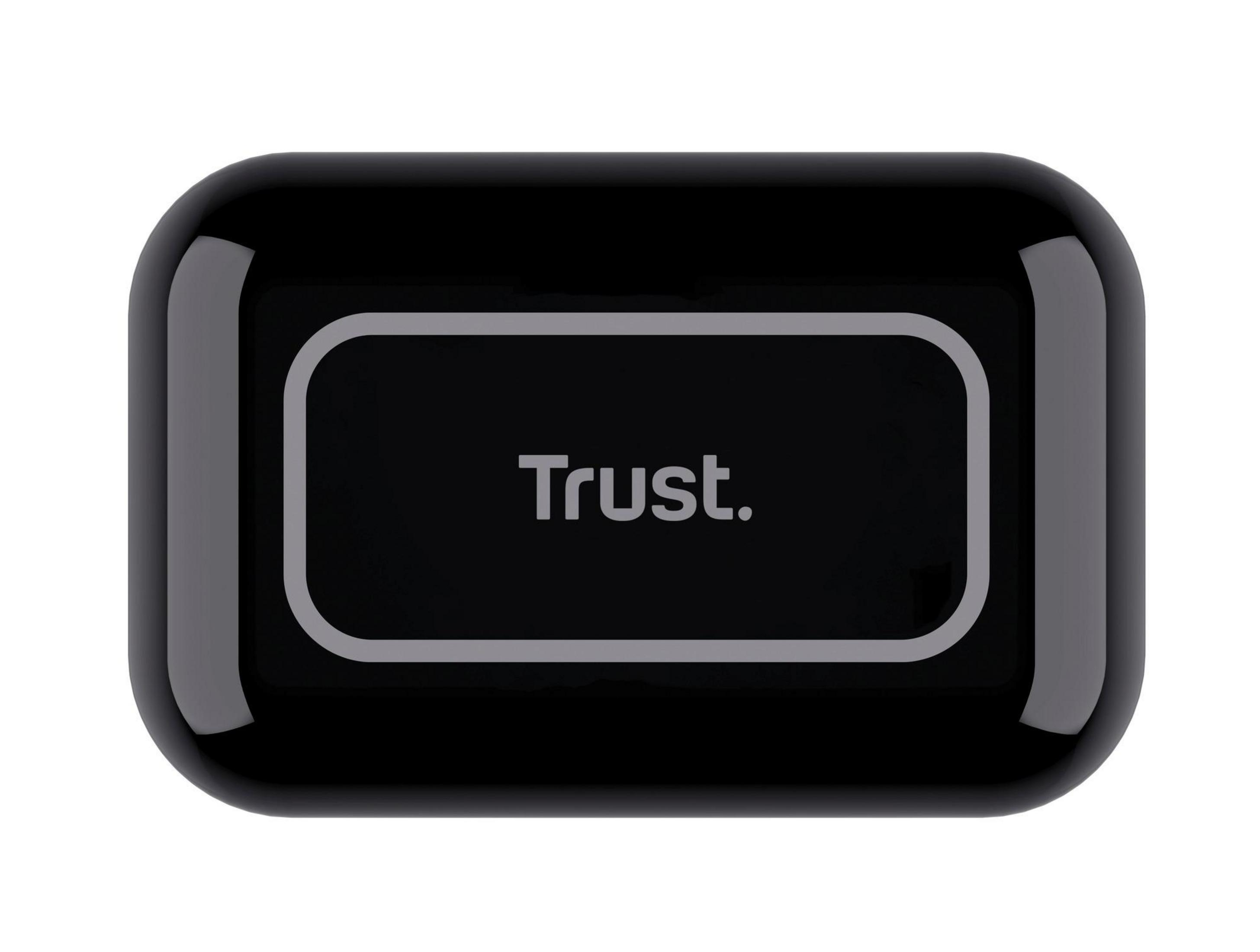 Czarny, błyszczący produkt marki Trust. Słowo 'Trust' jest na nim napisane.