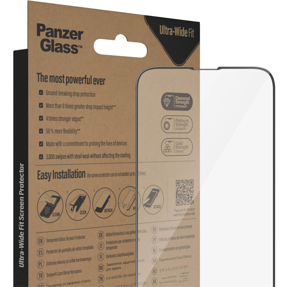 Pudełko z informacjami o ochraniaczu ekranu. Tekst zawiera 'Panzer Glass' i 'Ultra-Wide Fit'.