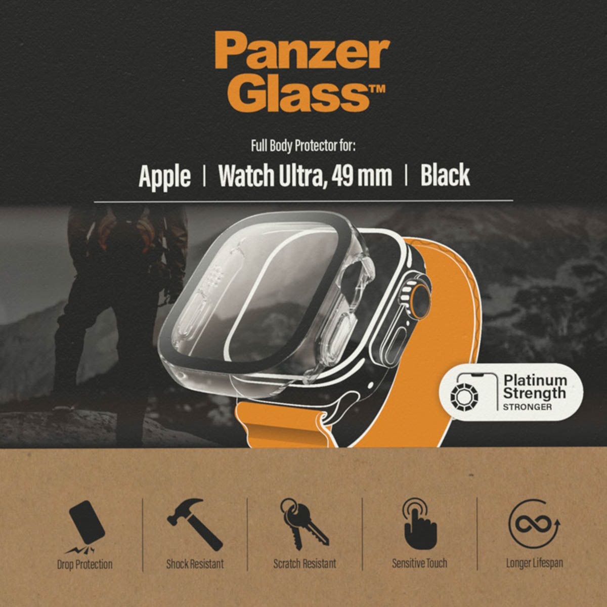 Ensemble de protection de montre Panzer Glass noir et orange. Montre et étui de protection.