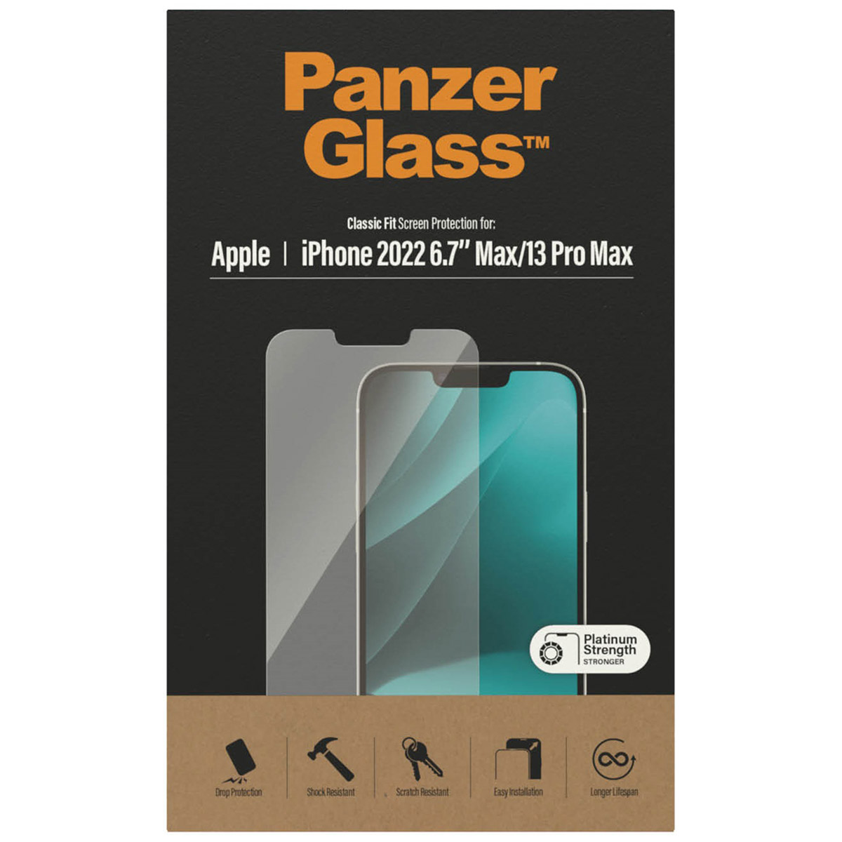 Pudełko z ochraniaczem ekranu. Tekst na pudełku mówi 'Panzer Glass' i 'iPhone 2022 6.7'.