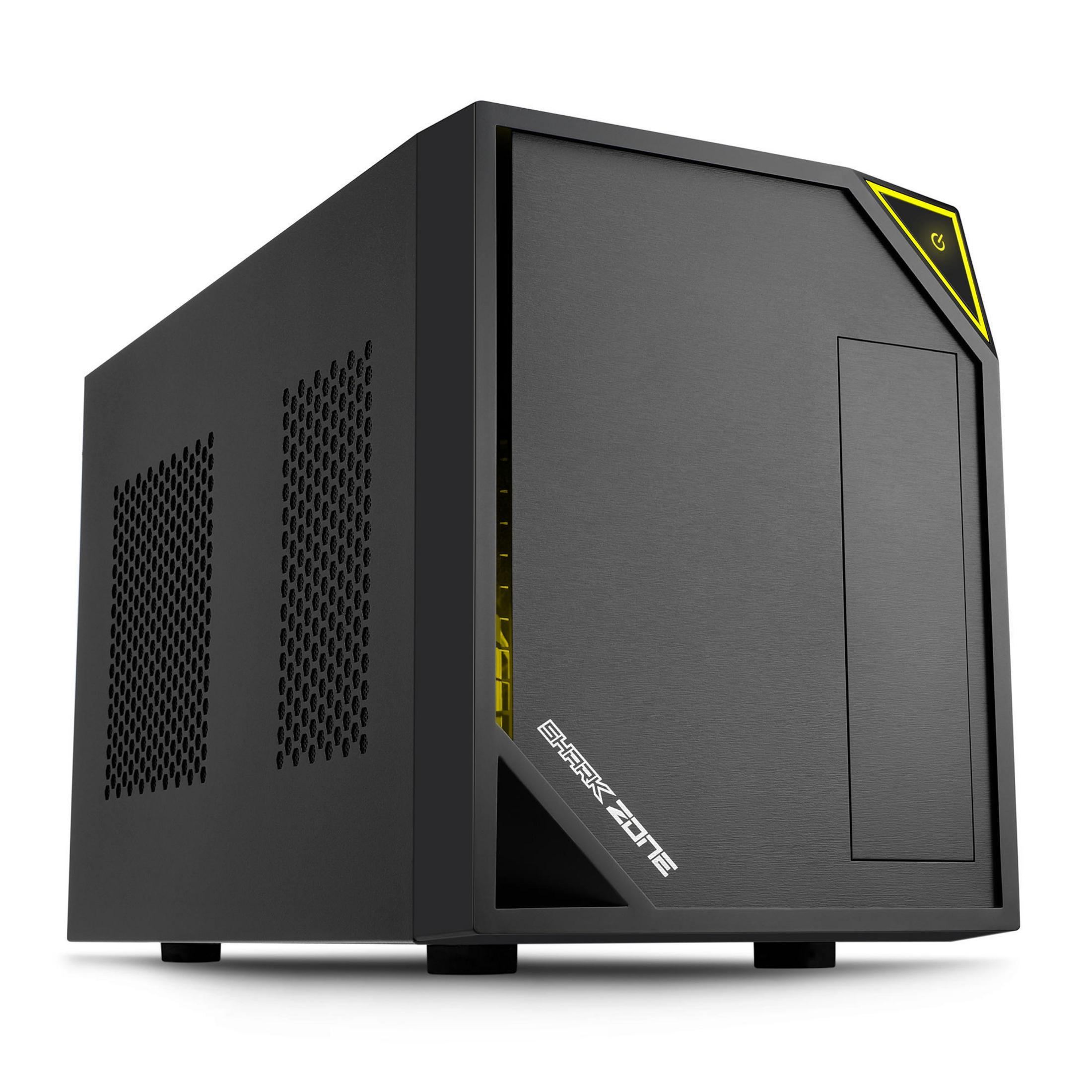 Ein schwarzes Computergehäuse mit gelbem Akzent. Es trägt den Schriftzug Shark Zone.