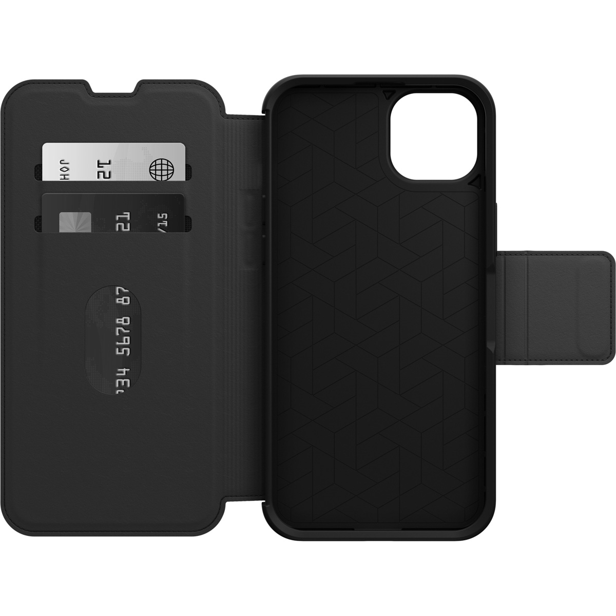 Schwarzes Handy-Wallet-Case, geöffnet, um Karten und das Telefon zu zeigen. Der Innenraum hat ein strukturiertes, dreieckiges Muster.