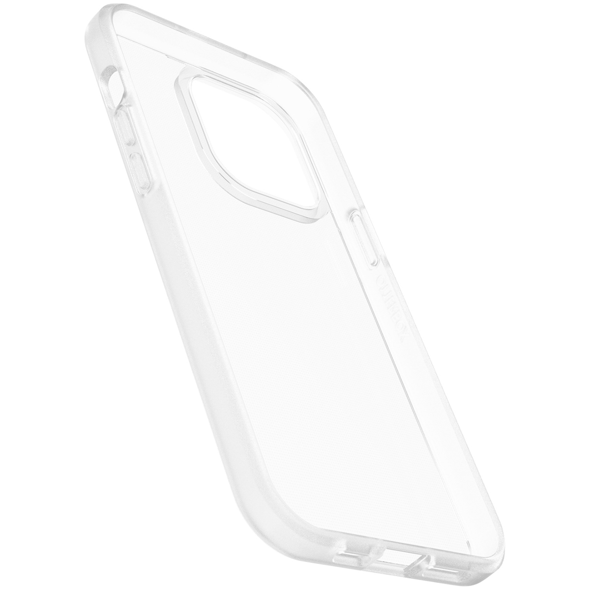 Custodia trasparente per telefono con ritagli per fotocamera e pulsanti, vista leggermente angolata.