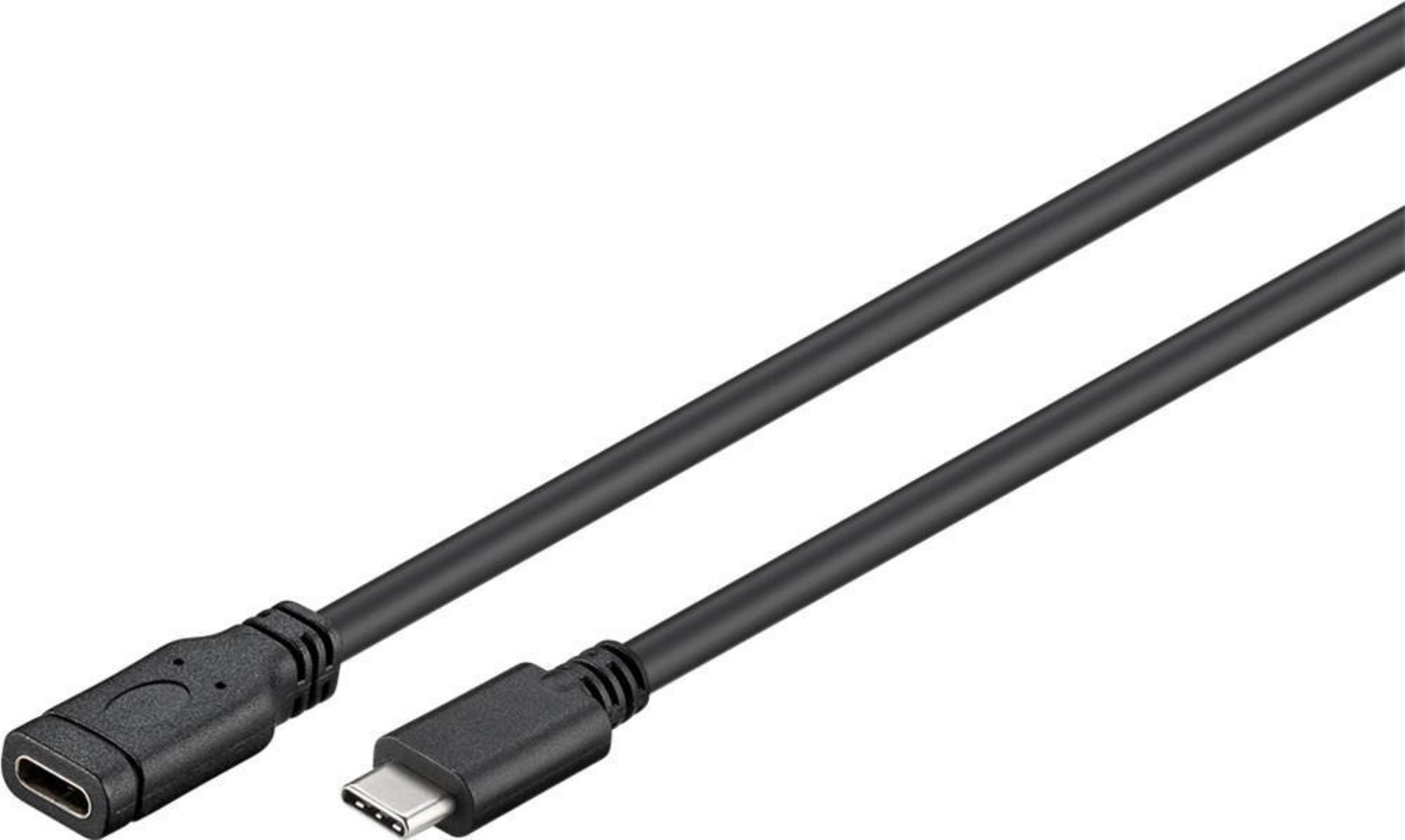 Schwarzes USB-C-zu-USB-C-Kabel. Ein Ende ist weiblich und eines ist männlich. Das Kabel ist schwarz.