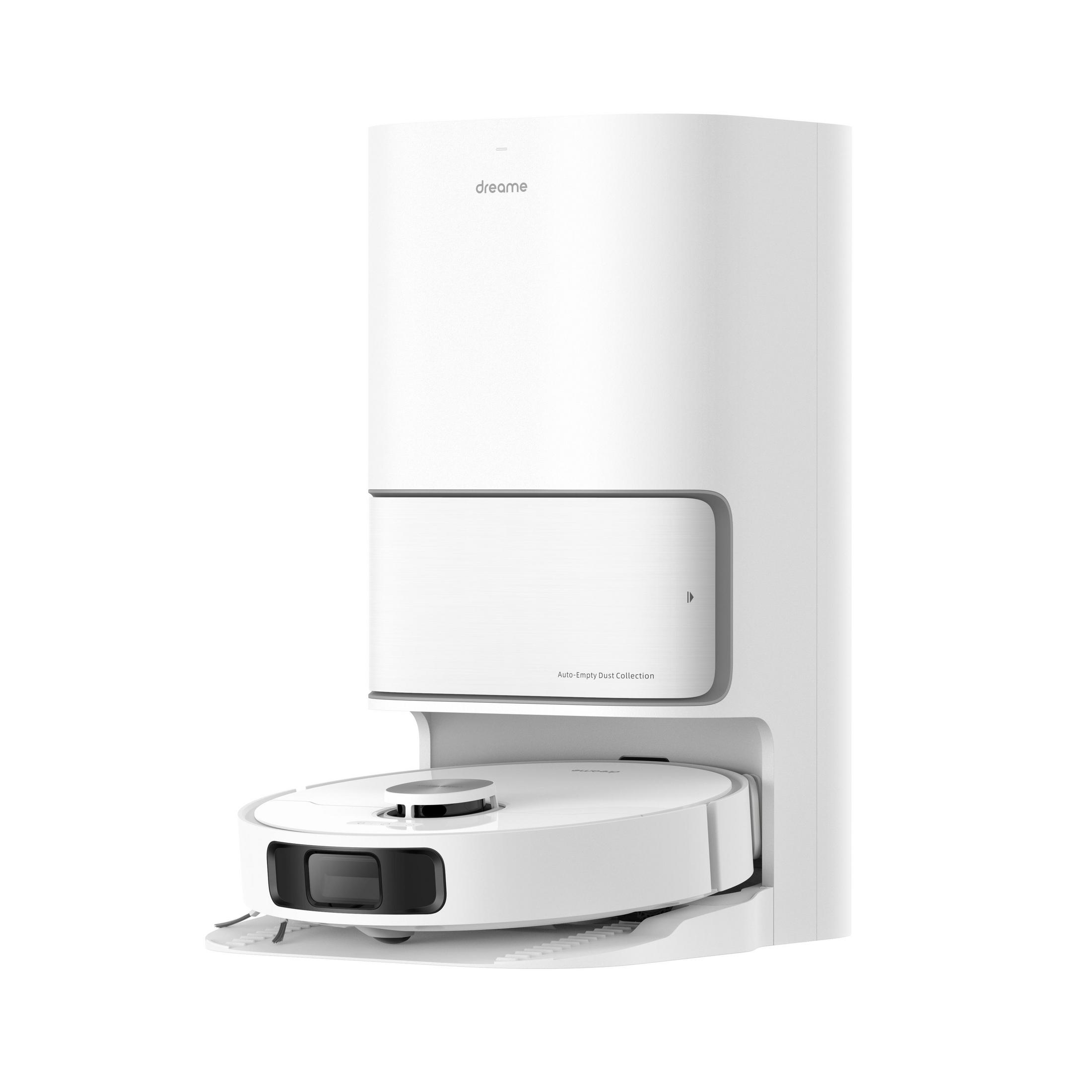 Weißer Dreame-Roboterstaubsauger und Ladestation. Die Station ist weiß, hoch und hat eine Tür.