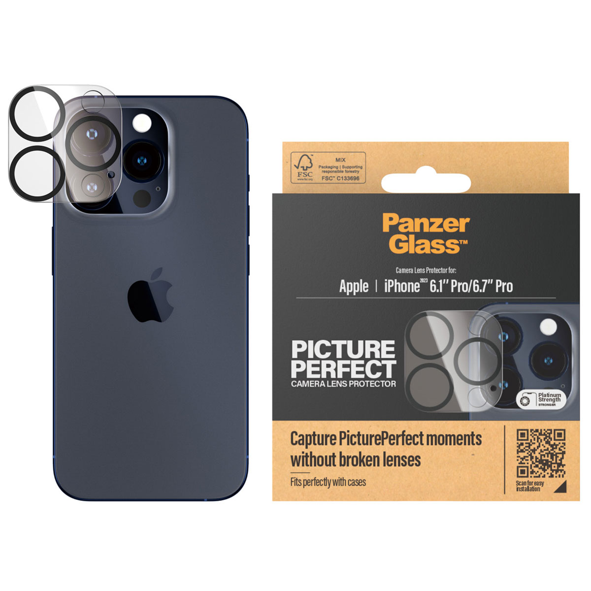 A phone, camera lens protectors, and packaging box. The phone is blue with Apple logo. The box says PanzerGlass.