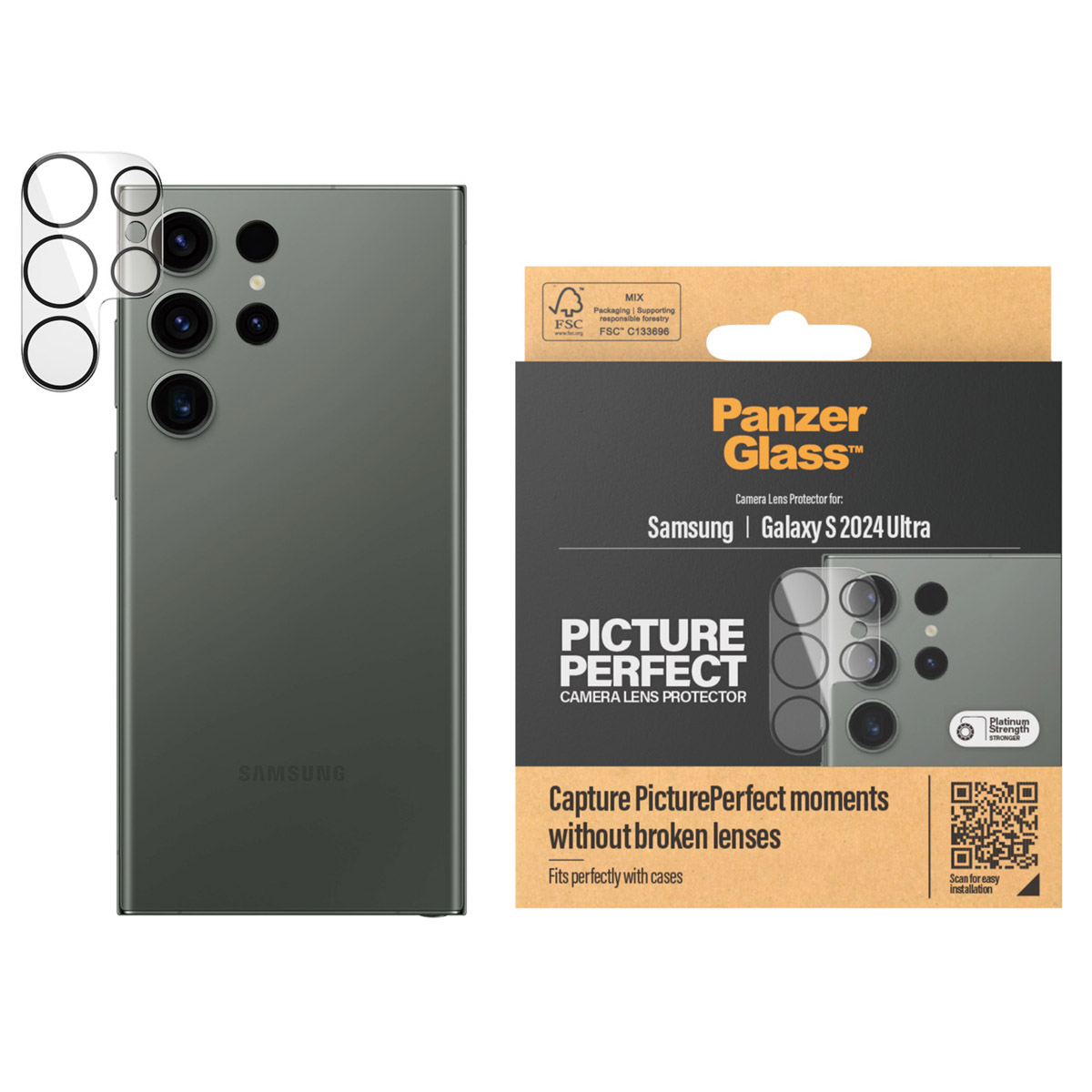 Teléfono Samsung con protectores de lente de cámara y una caja.