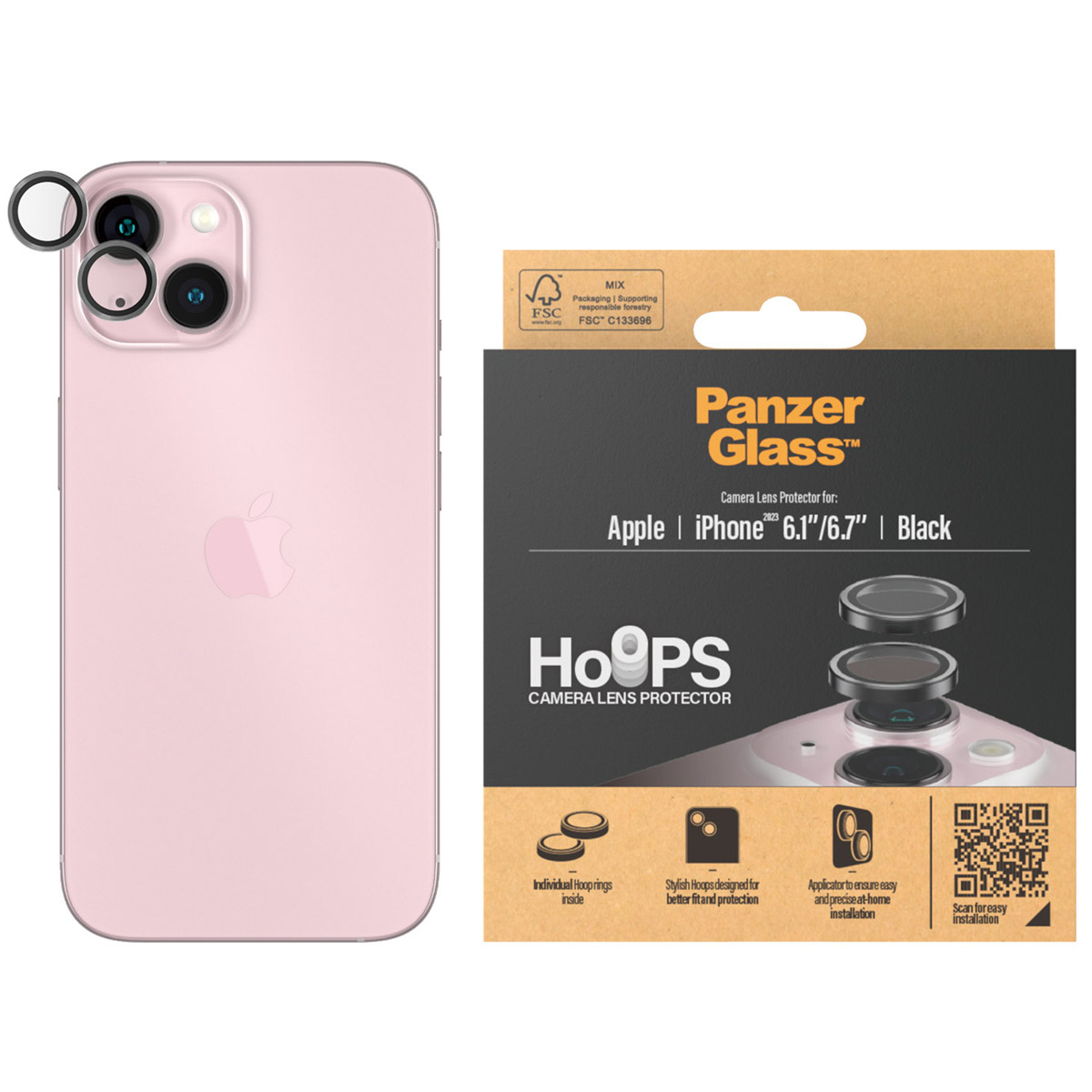 Roze telefoon en zwarte cameralensbeschermers. De telefoon heeft drie cameralenzen.