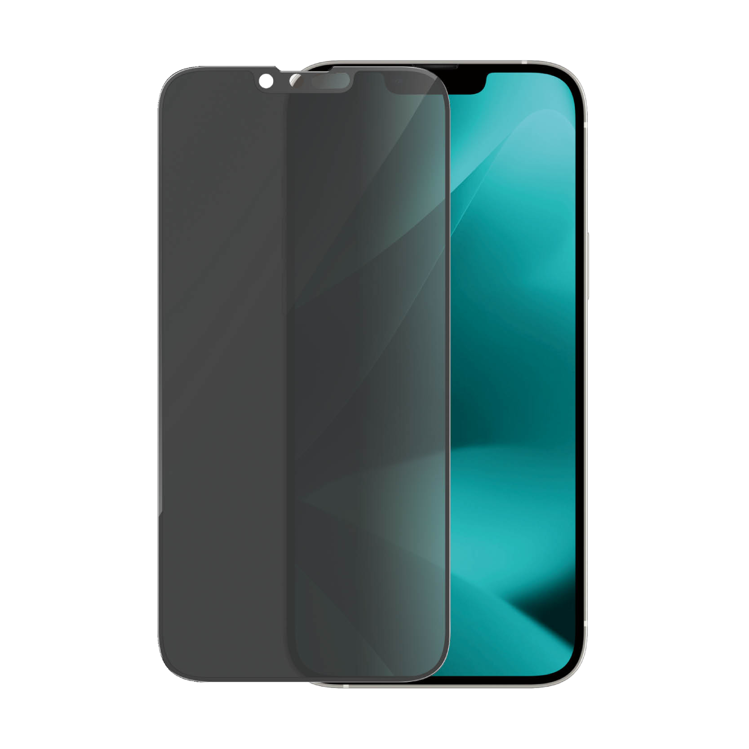 Telefono con protezione schermo grigia. Il telefono ha uno schermo blu-verde, sfondo nero.