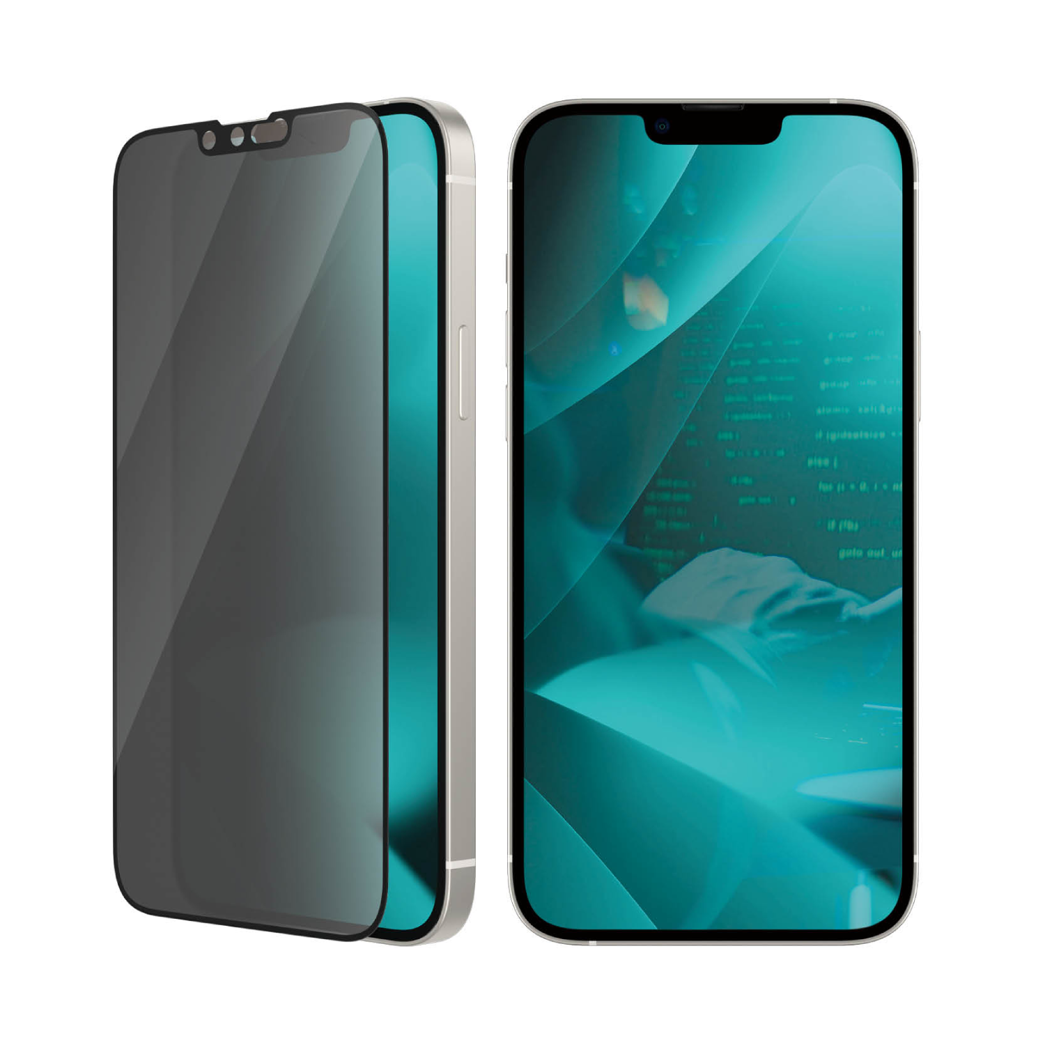 Due iPhone con protezioni schermo. Uno mostra codice dati. L'altro ha schermo privacy.