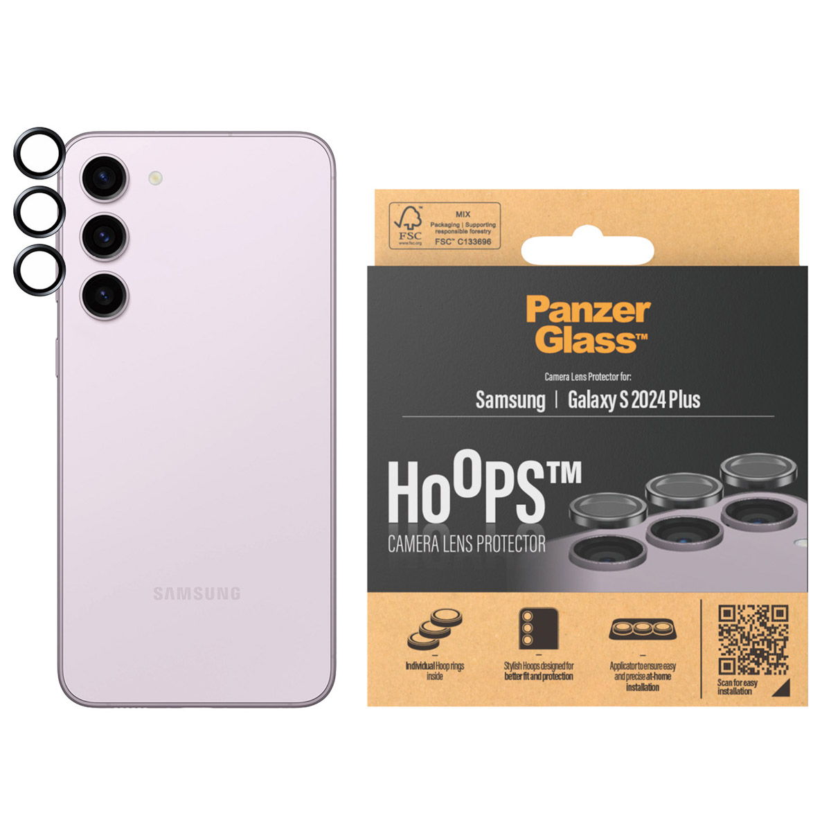Telefono Samsung e una scatola PanzerGlass. La scatola ha il testo PanzerGlass, Hoops. Il telefono è di colore chiaro.