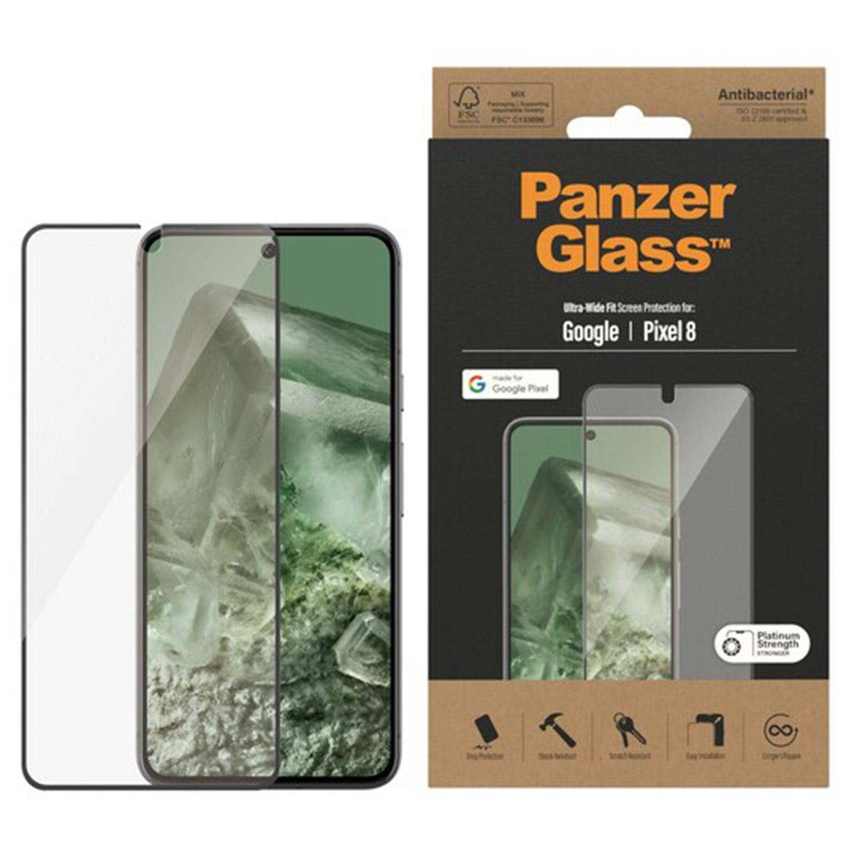 Google Pixel screenprotector met doos. Telefoon en protector in beeld. Tekst: PanzerGlass.