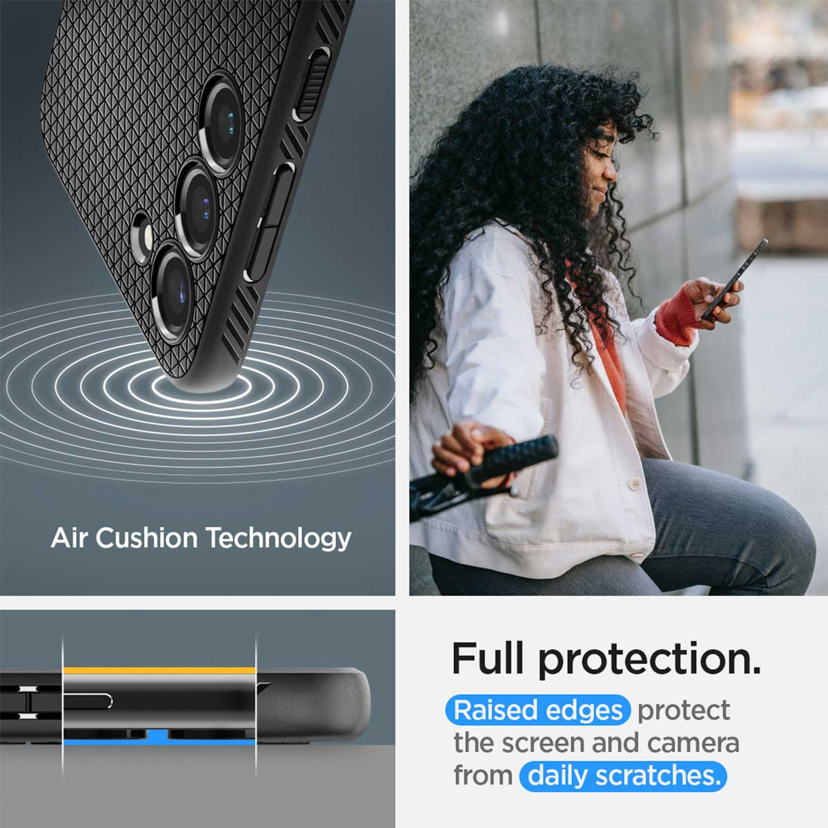 Una donna usa un telefono, custodia con design circolare e testo sulla tecnologia Air Cushion.