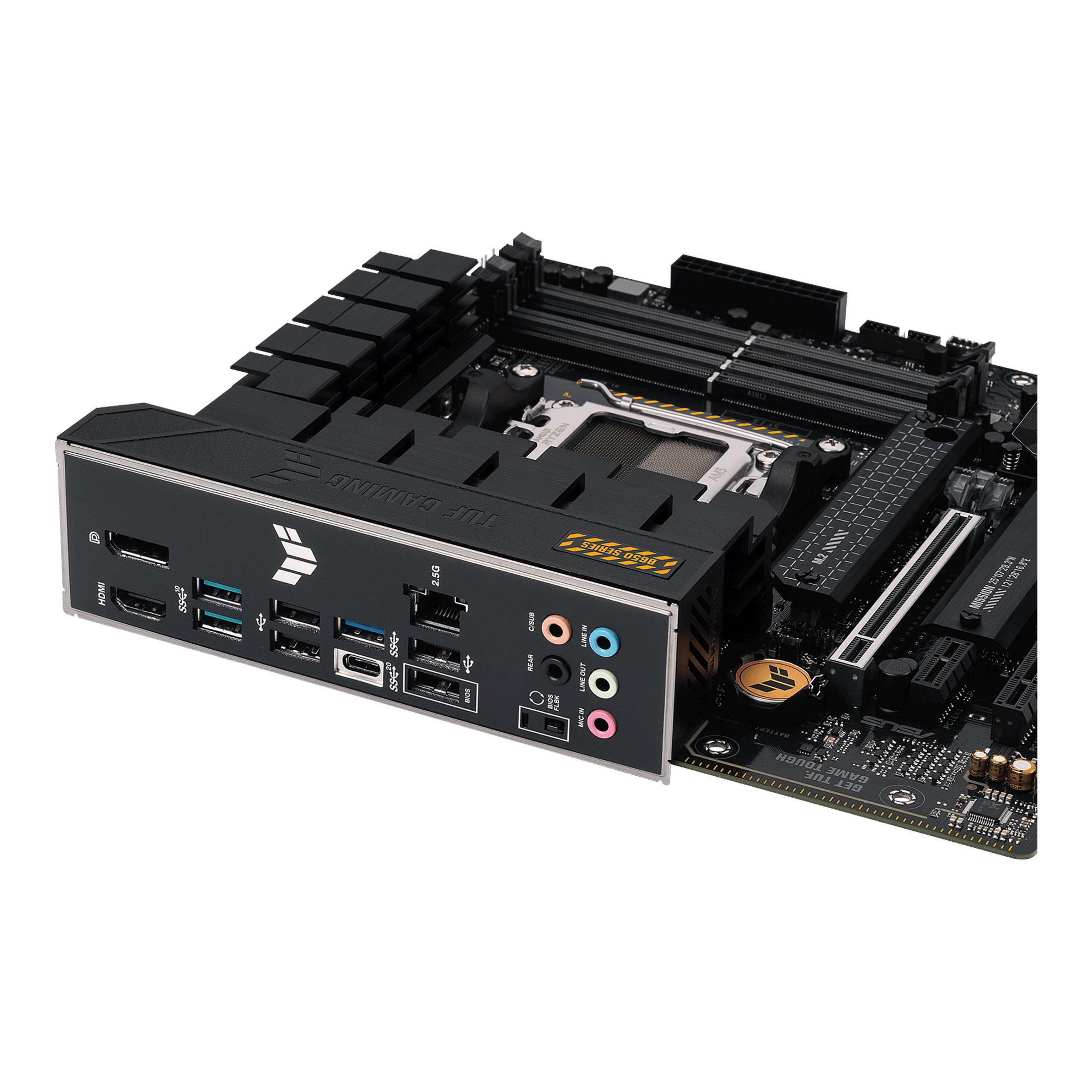 A black motherboard with multiple ports, pins, and the TUF GAMING logo.