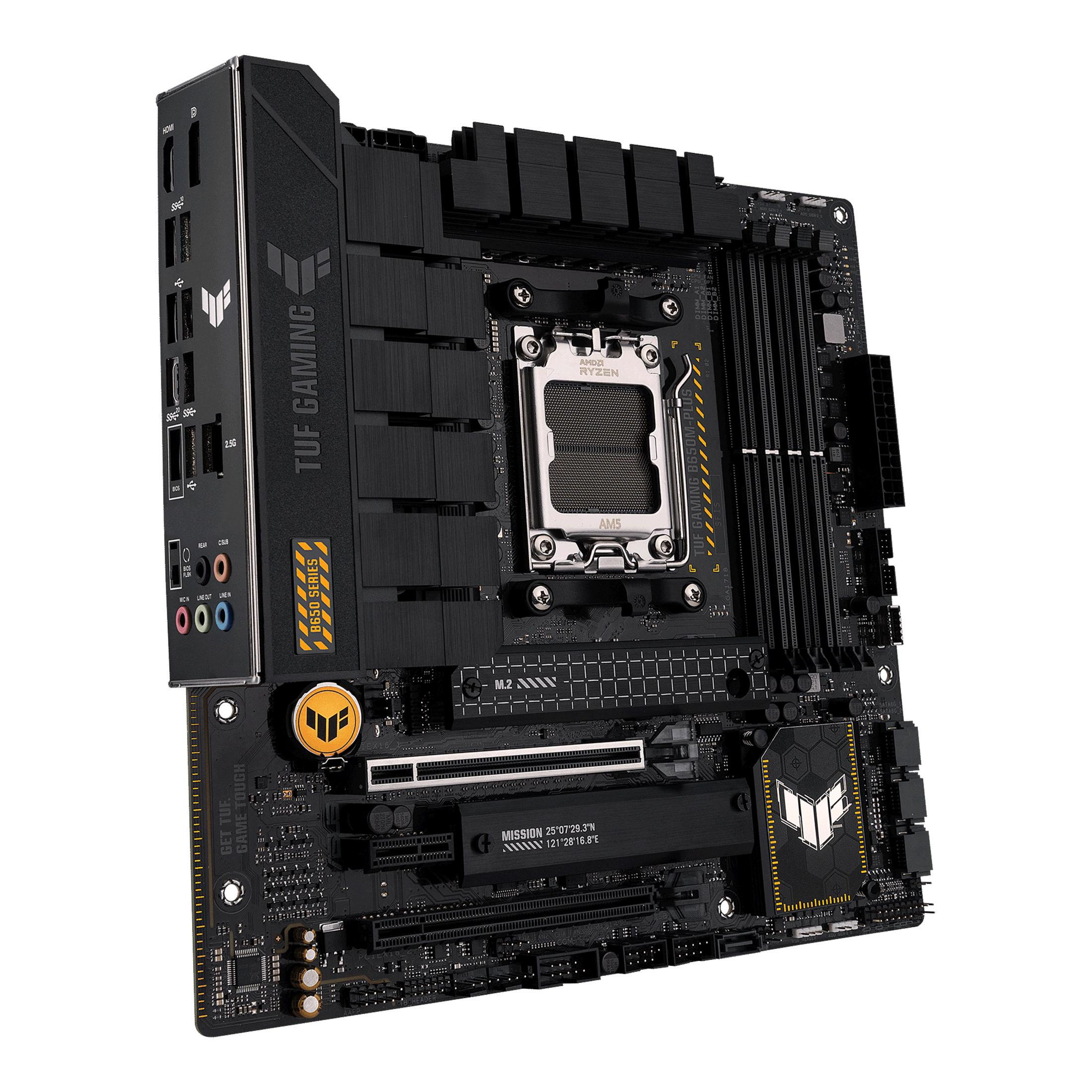 Black motherboard; TUF GAMING text; various ports and slots; yellow and gold accents.