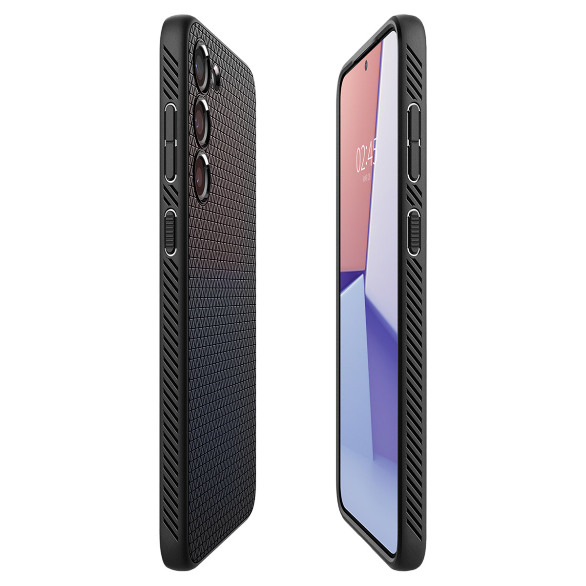 Twee mobiele telefoons, één met de achterkant met camera's, de andere met het scherm.