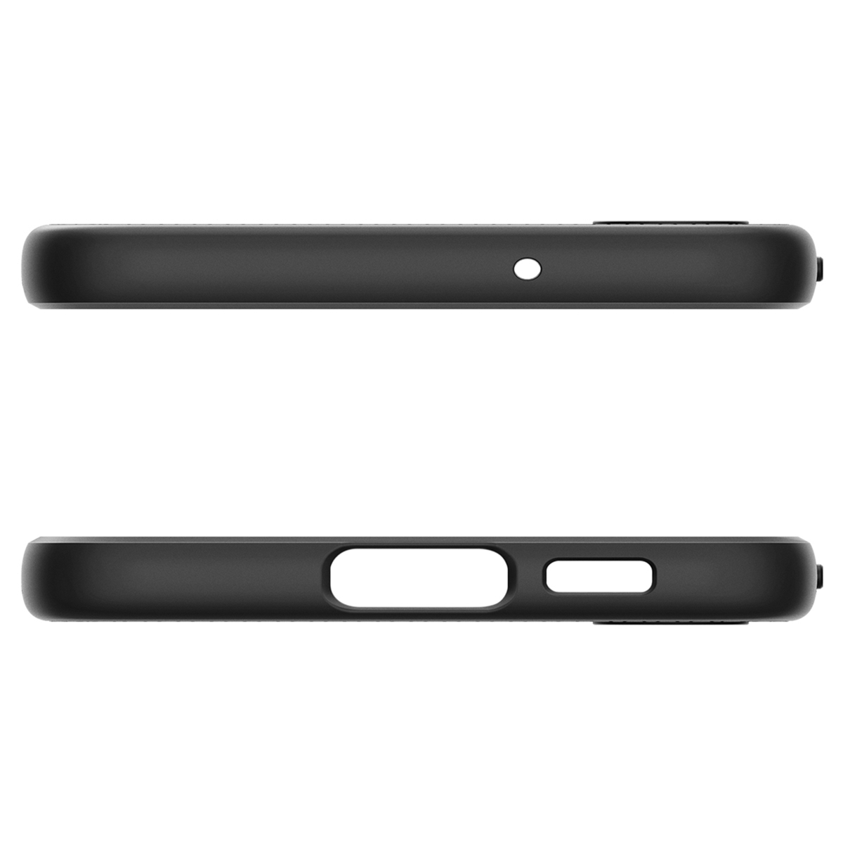 Twee zijden van een zwarte telefoonhoes, met de zijkanten met gaten en een knop.