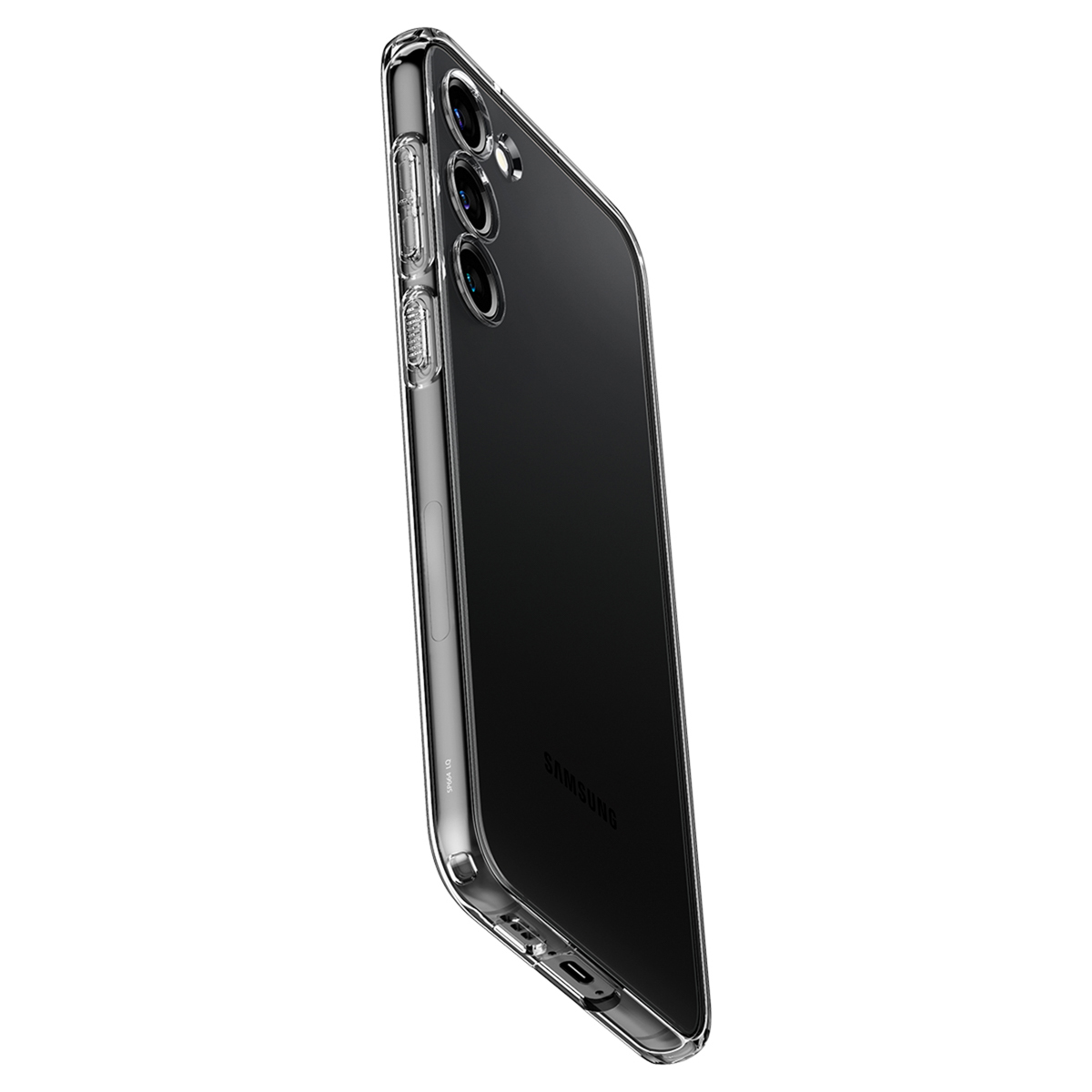 Transparante telefoonhoes, met een telefoon met drie cameralenzen en een zwarte achterkant.