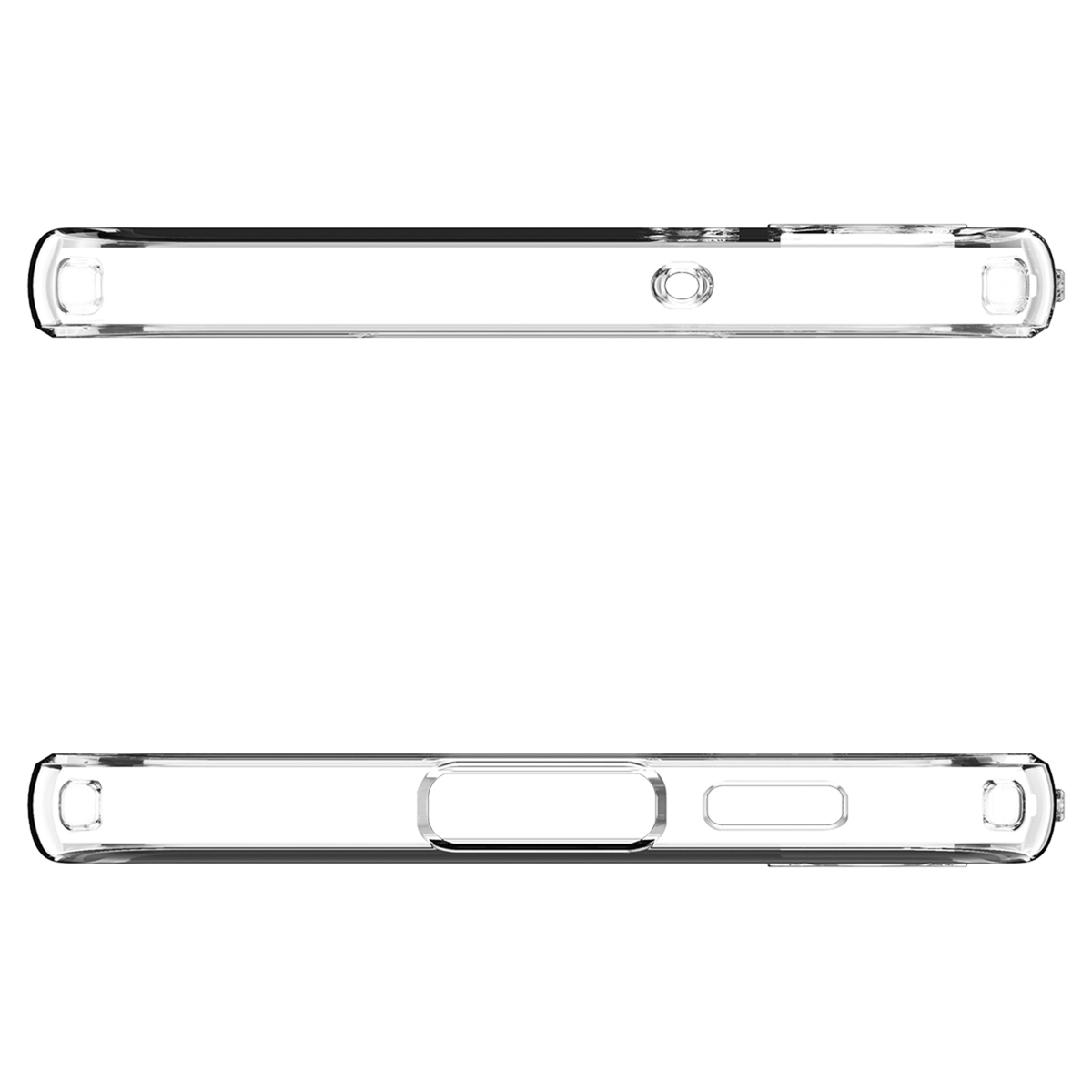 Bovenaanzicht en onderaanzicht van een doorzichtige telefoonhoes. De hoes heeft uitsparingen voor de knoppen en poorten.