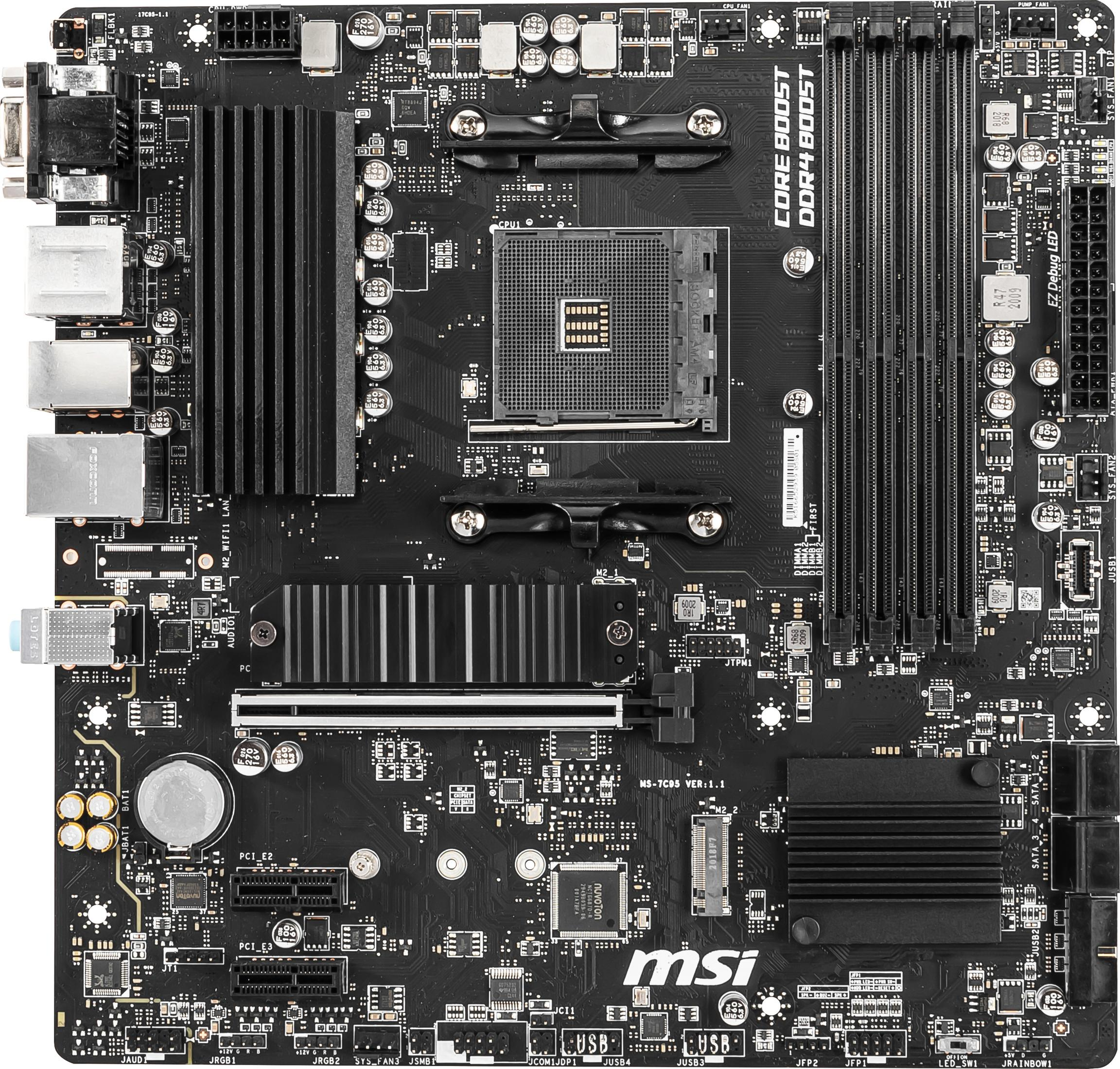 A black MSI motherboard with many components, and a central CPU socket.