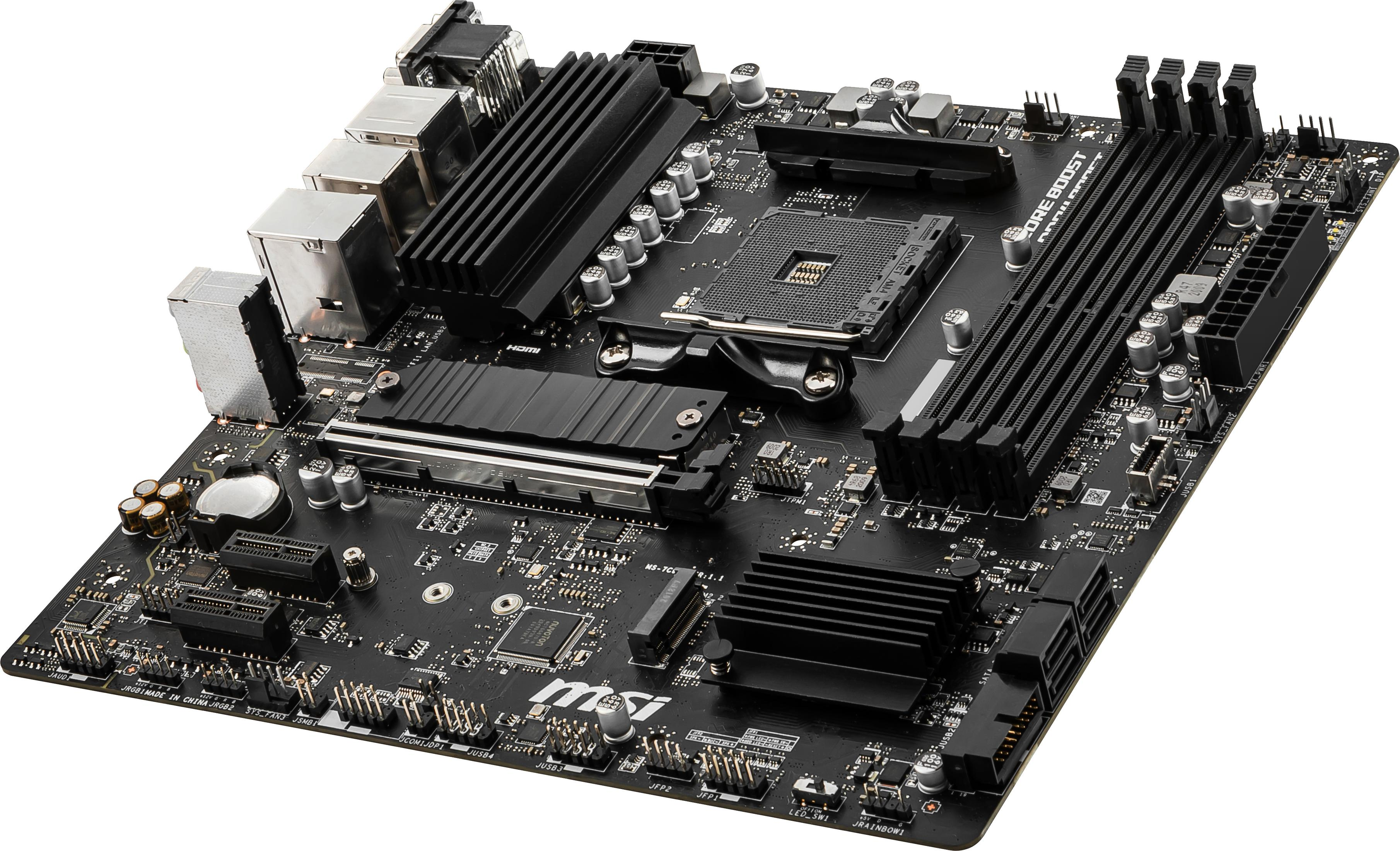 A black computer motherboard with various components and connectors, top view.