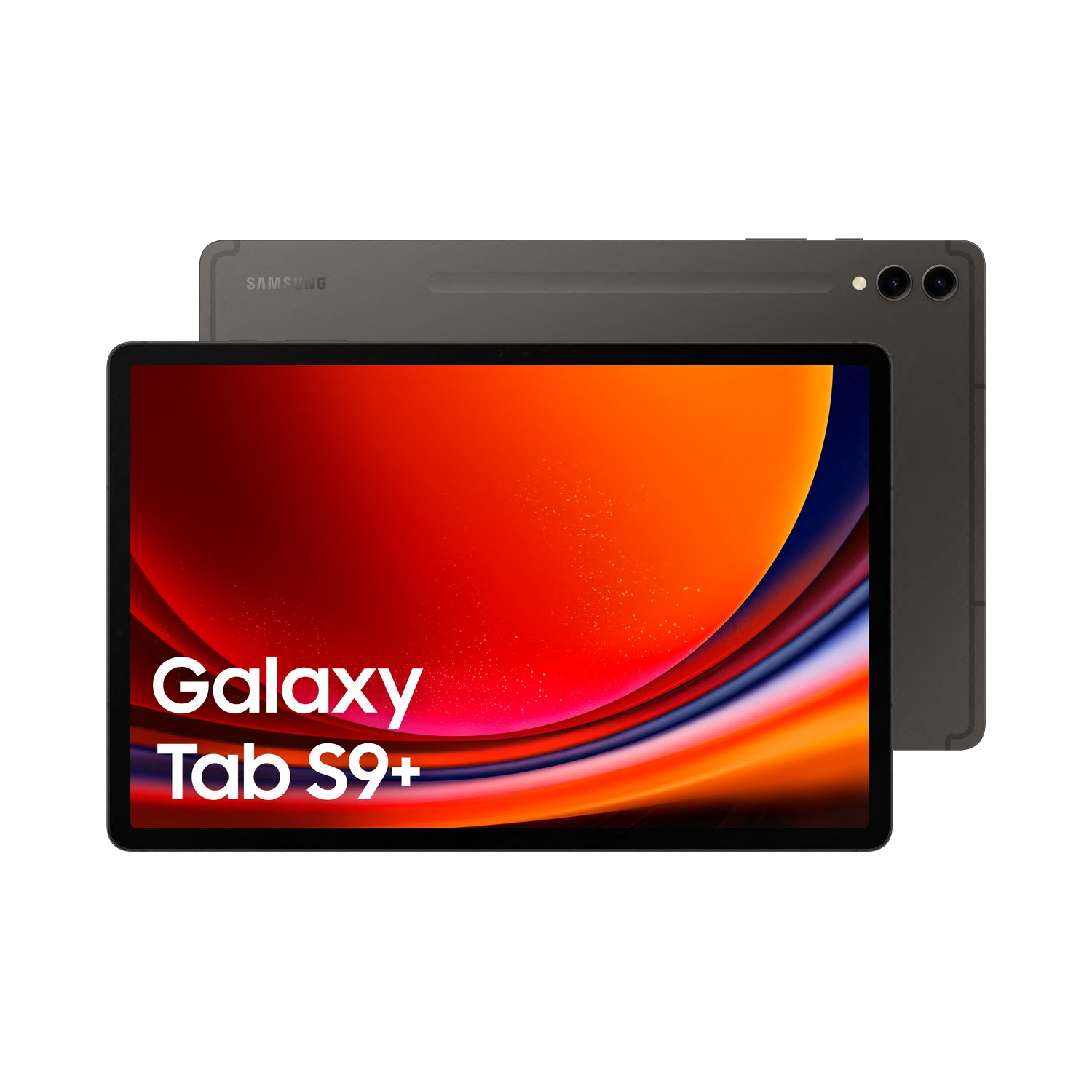 Samsung Galaxy Tab S9+ Tablet. Vorderseite zeigt farbenfrohe Grafik. Rückseite grau mit Kamera.
