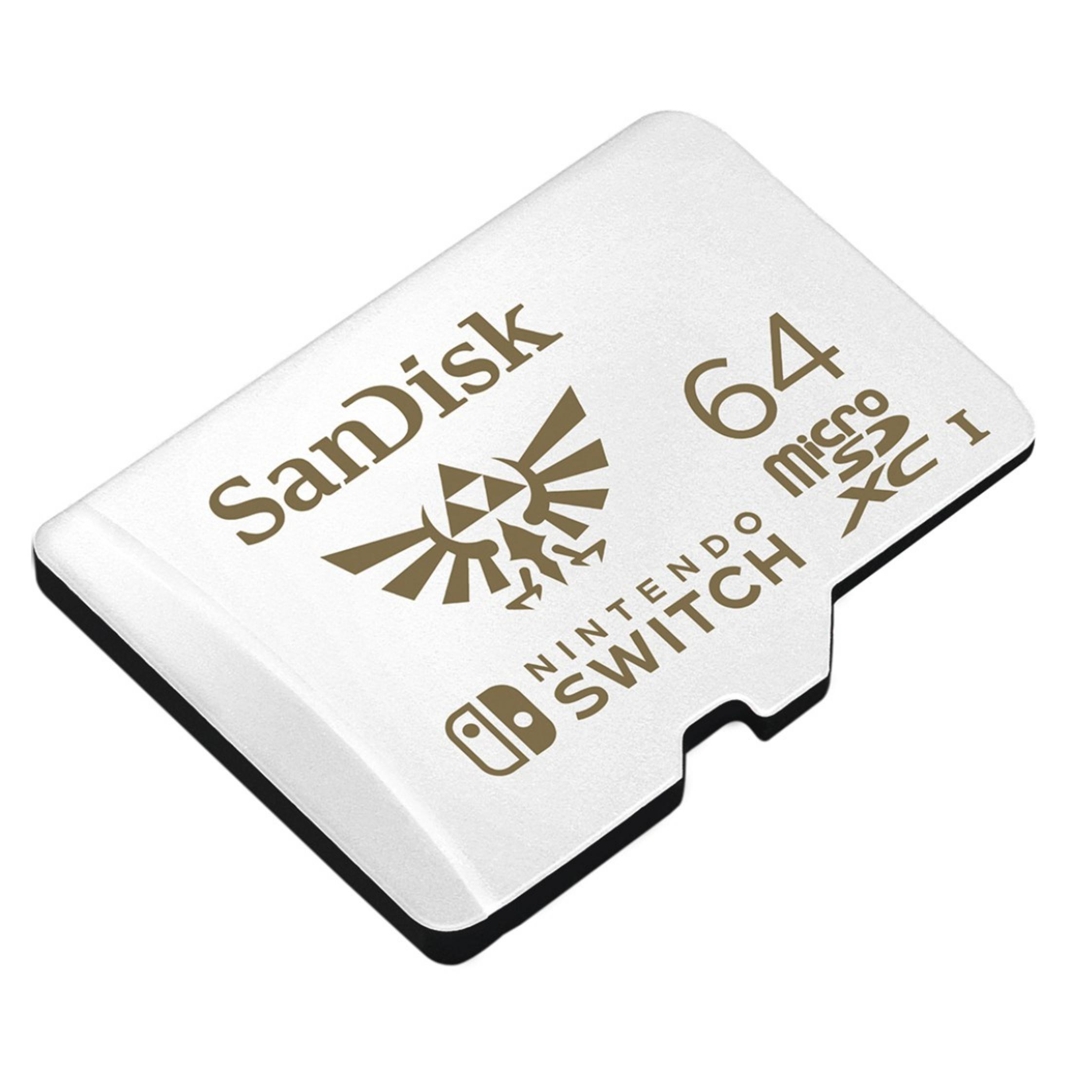 Weiße microSD-Karte mit Nintendo Switch-Logo und 64 Micro XC I.