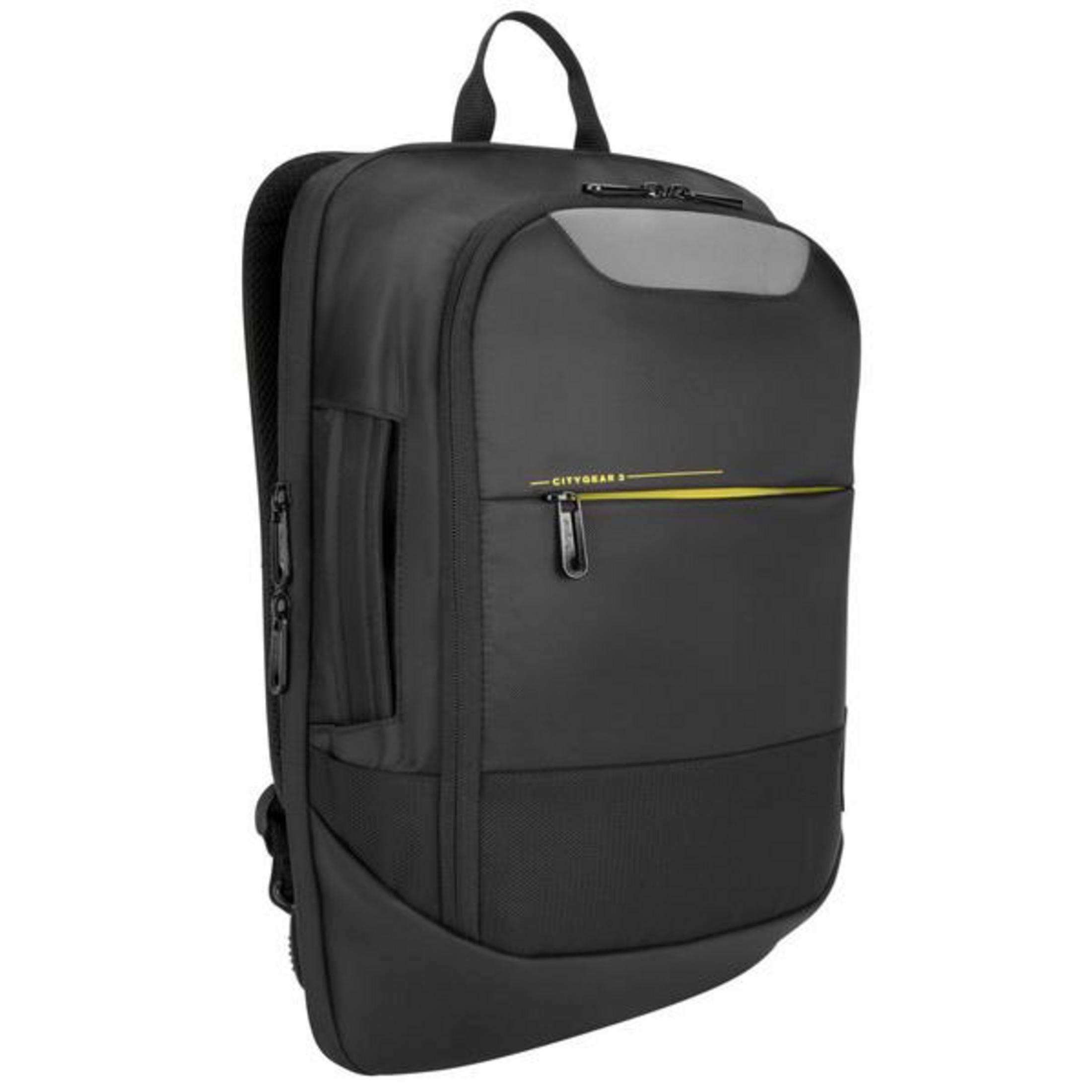 Ein schwarzer Rucksack mit gelbem Akzent und dem Markennamen 'Targus'.