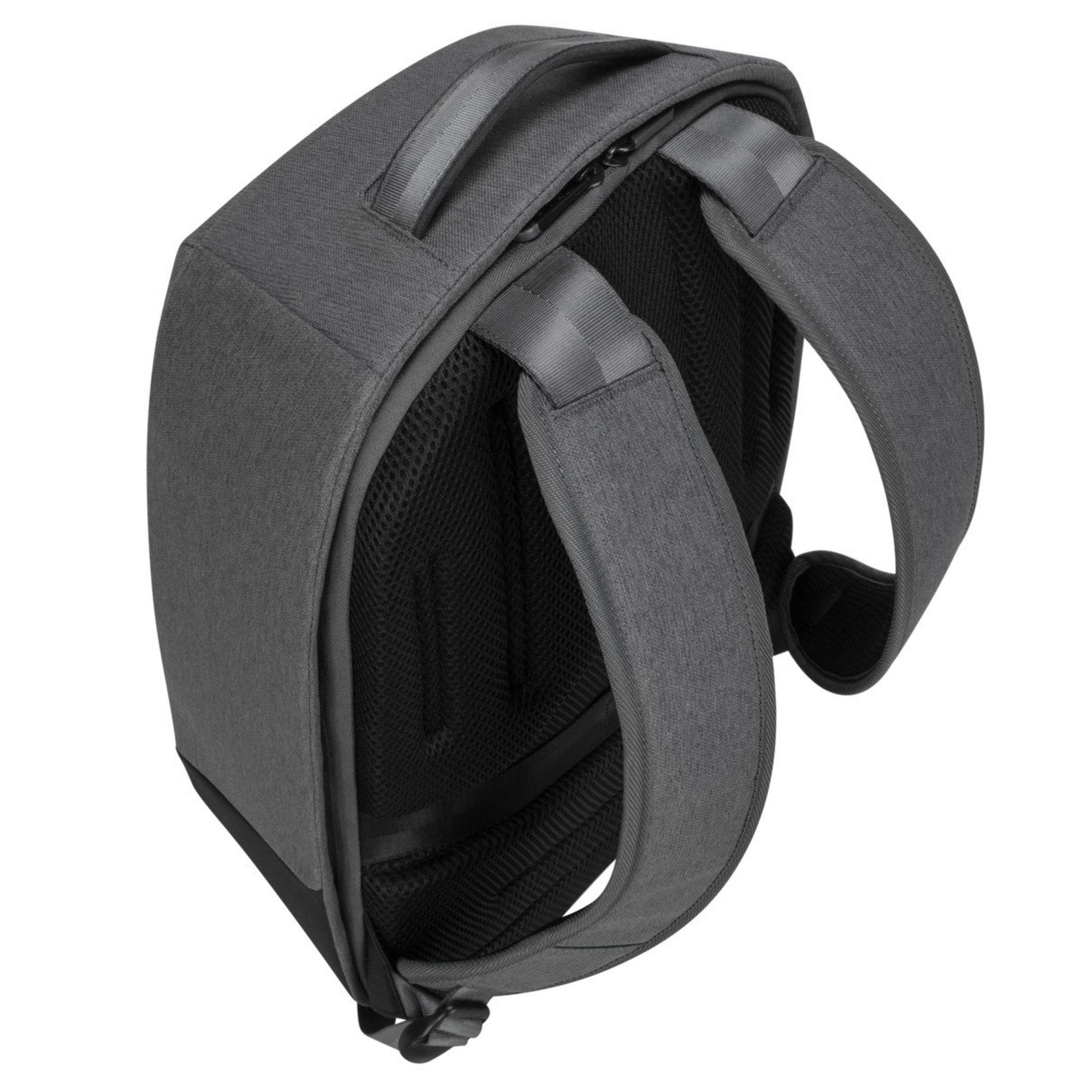 Grauer Rucksack mit gepolsterten Trägern und Griff. Der Rücken hat Mesh. Draufsicht, schräg, auf weißem Hintergrund.
