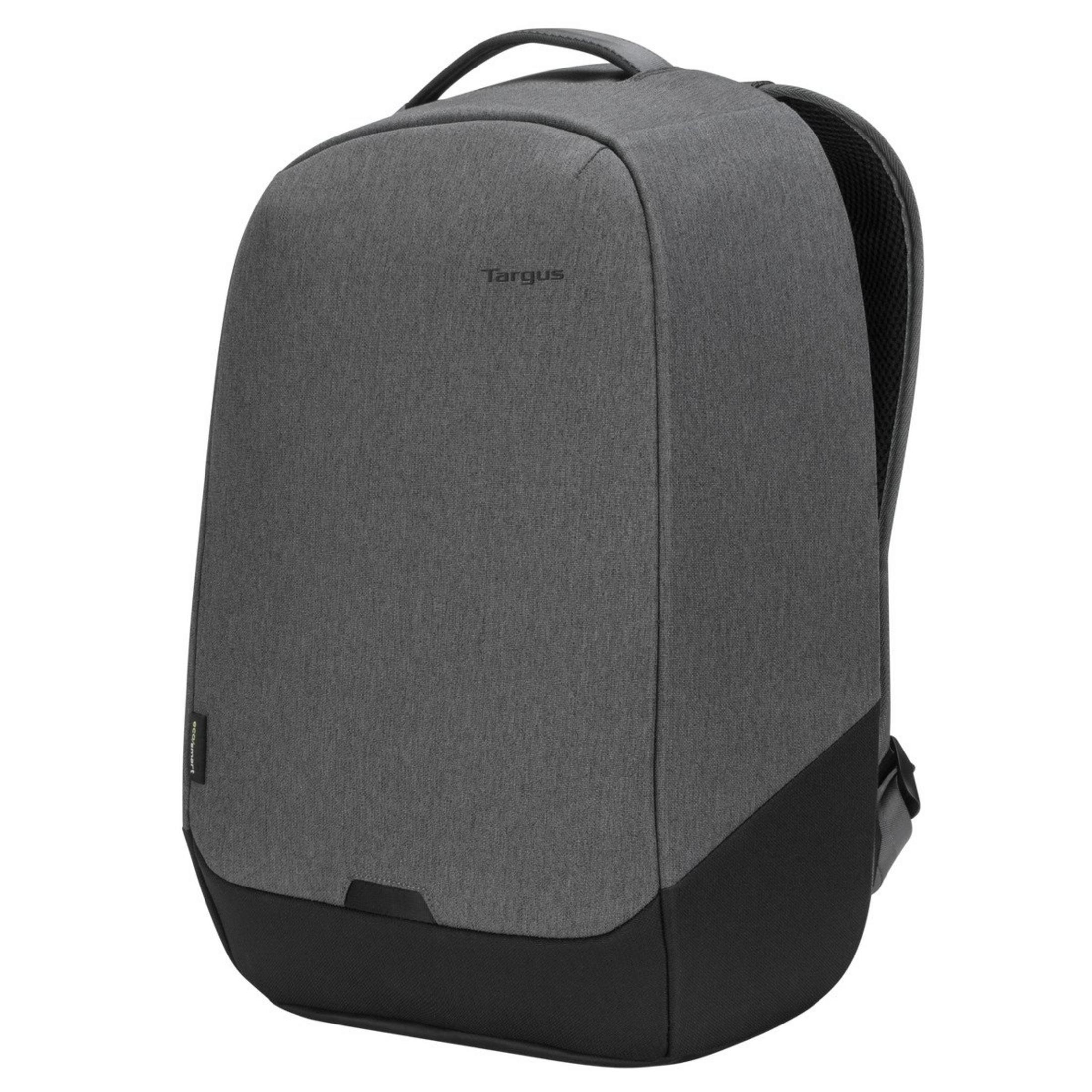 Ein grauer Rucksack mit schwarzem Boden und Griff oben, Marke Targus.