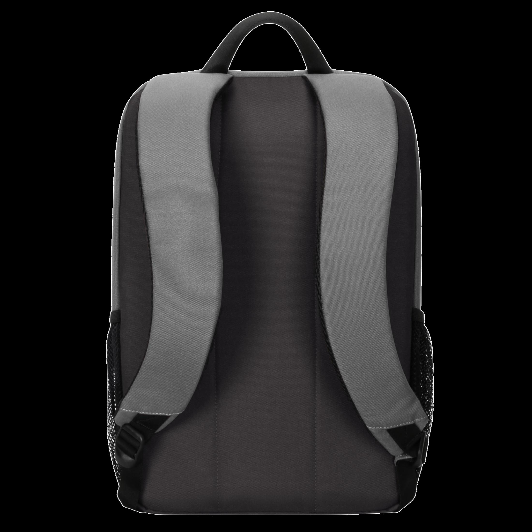 Schwarzer und grauer Rucksack. Zwei graue Träger. Seitliche Netztasche. Rückansicht.