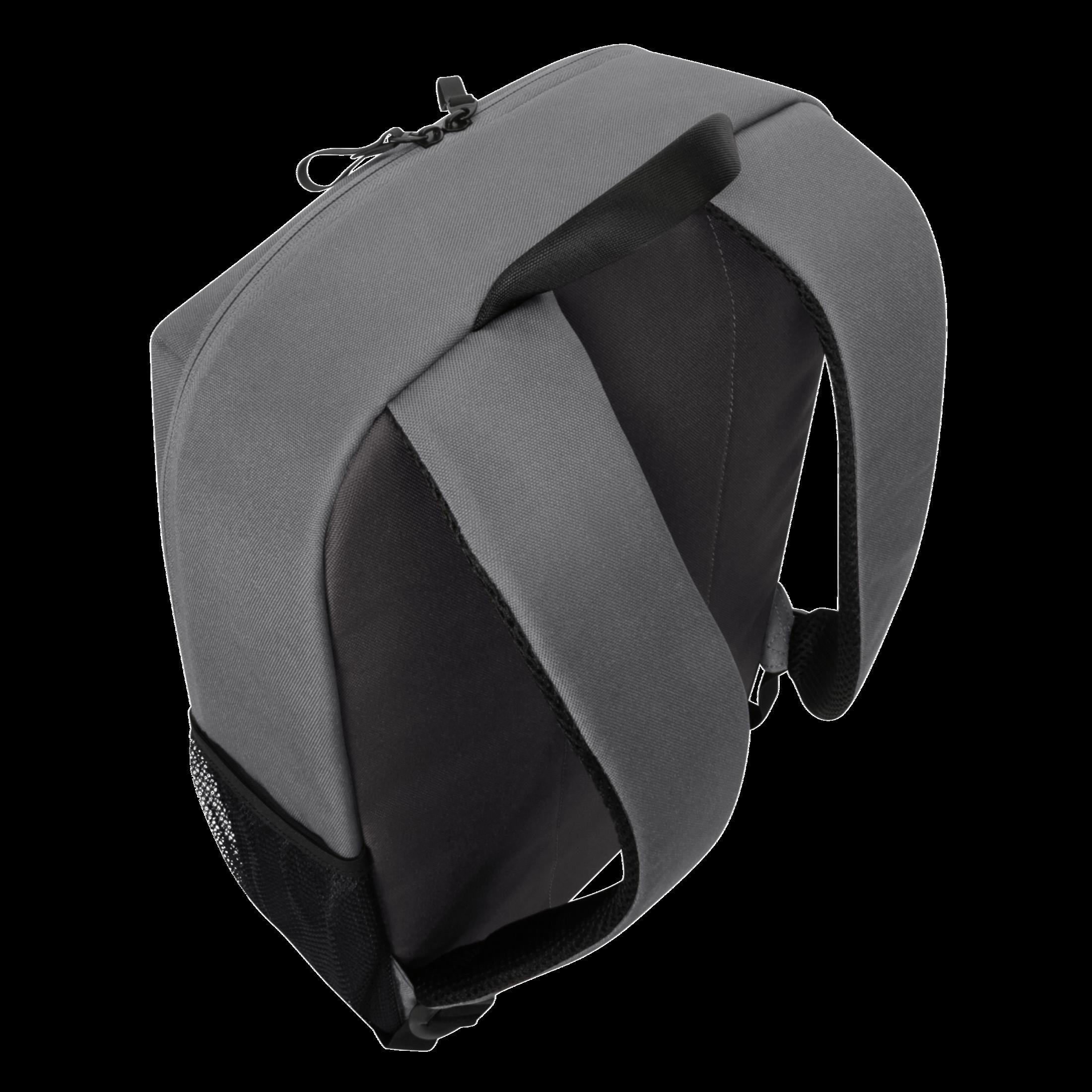 Ein grauer Rucksack von oben gesehen. Er hat schwarze Träger und eine schwarze Netztasche.