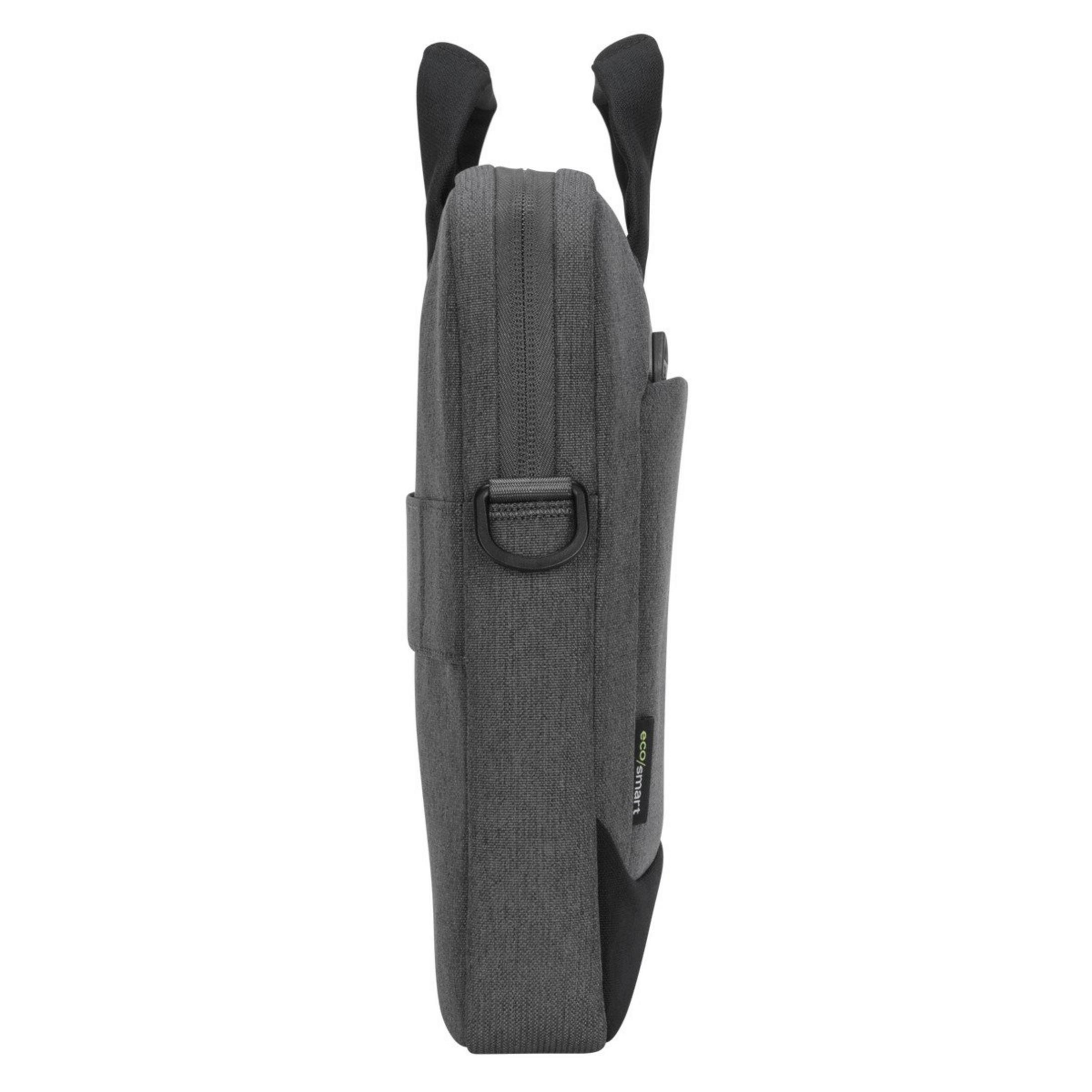 Graue Laptoptasche mit Griff von der Seite. Sie hat einen schwarzen Griff und eine kleine Tasche.