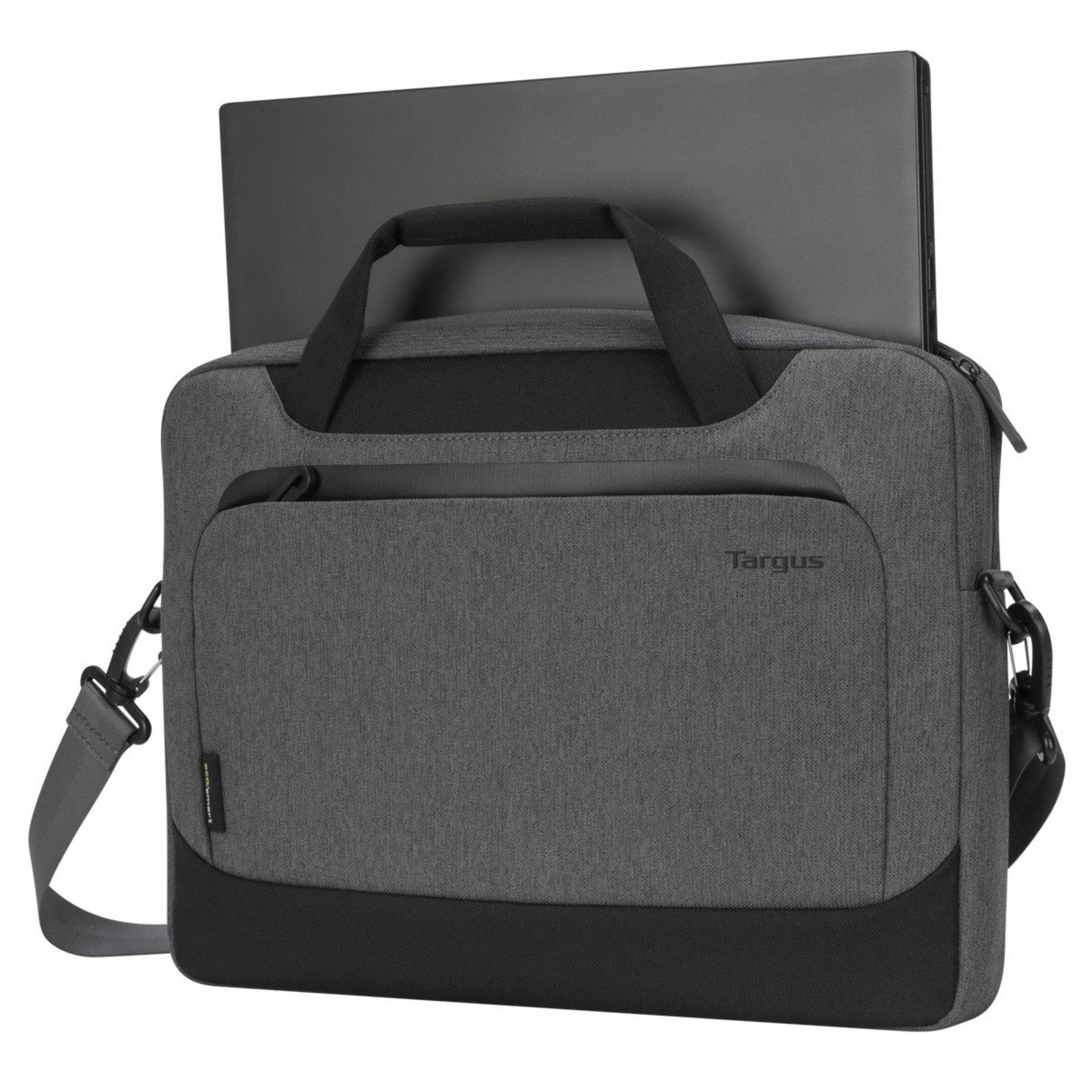 Grau-schwarze Targus Laptoptasche mit Laptop. Schulterriemen und Vordertasche.