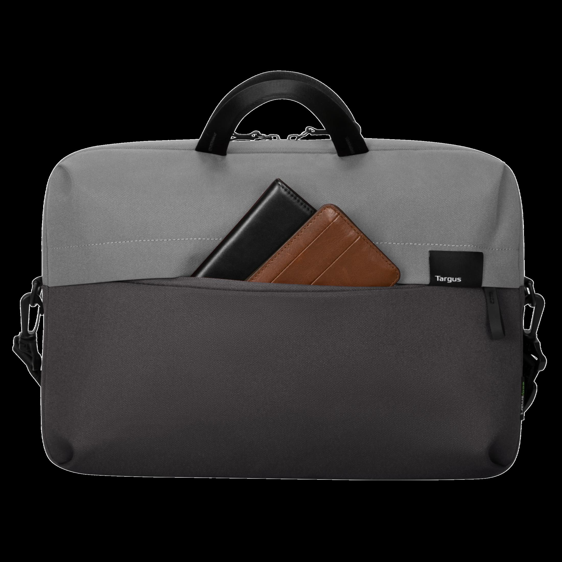 Graue und schwarze Targus Laptoptasche mit zwei Geldbörsen in der Vordertasche.