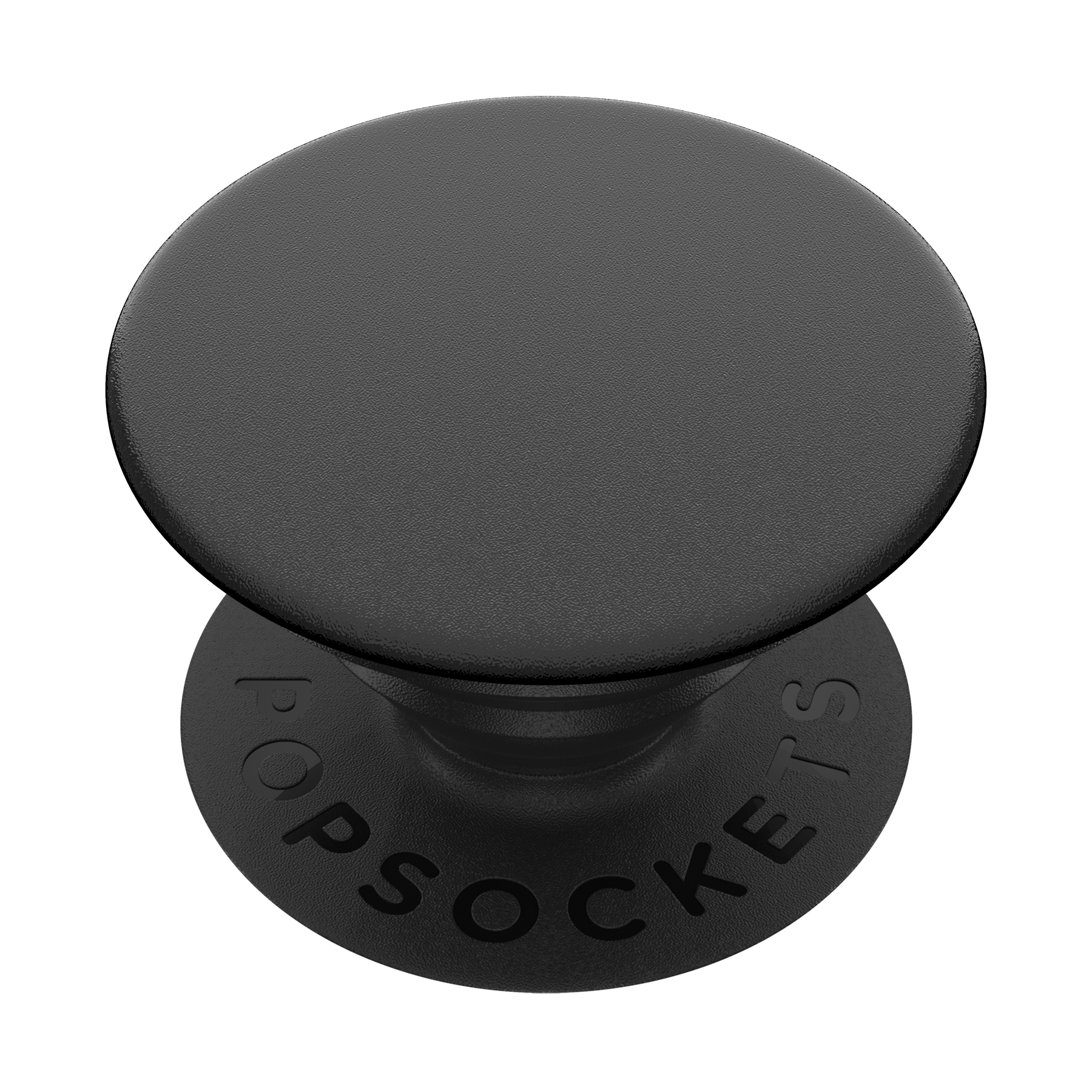 Ein schwarzer PopSockets-Griff. Ober- und Unterteil sind sichtbar. Schwarzer Hintergrund.